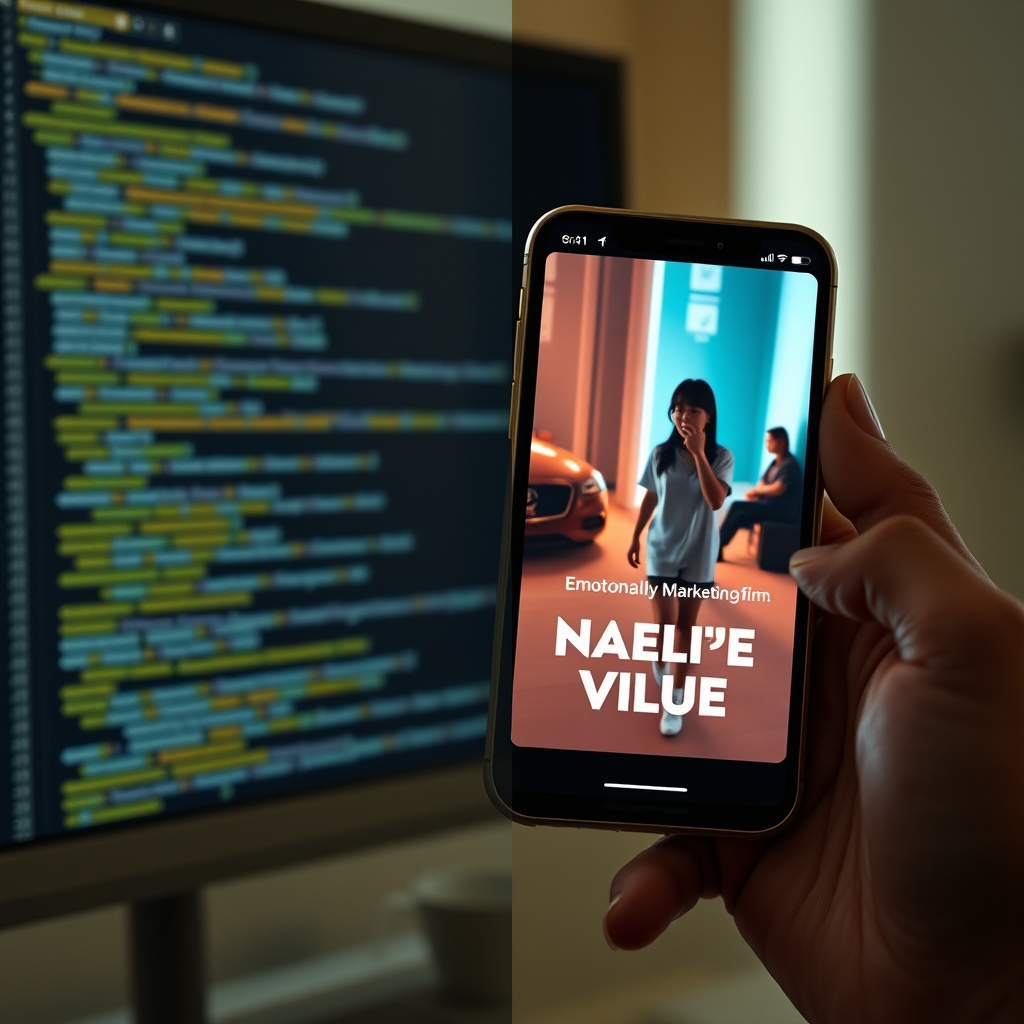 A split-screen view showing on one side raw code and 3D models, and on the other side the final, emotionally evocative marketing film playing on a smartphone in someone's hand.