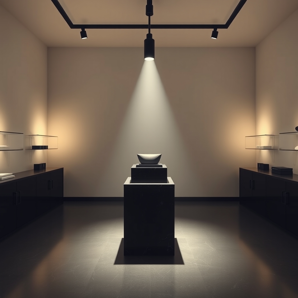 A minimalist retail store with a single spotlight illuminating a beautifully displayed product on a dark stone pedestal, creating dramatic shadows.