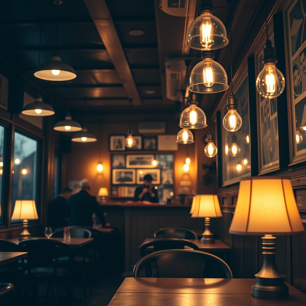 Cozy cafe interior in the evening, bathed in the warm glow of pendant lights and table lamps, casting soft pools of light on wooden tables.