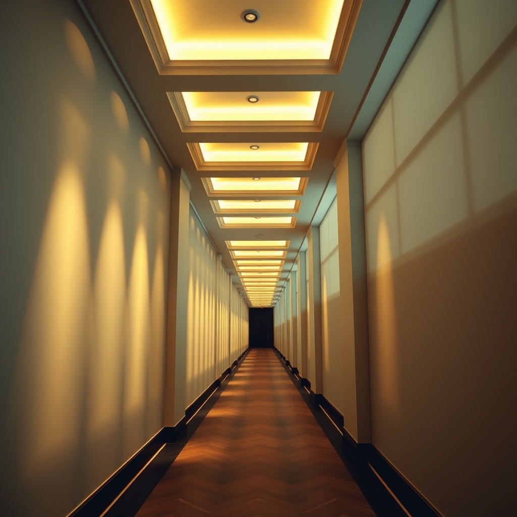 A long, elegant boutique corridor with a rhythmic pattern of light and shadow created by downlights and architectural features, guiding the eye forward.