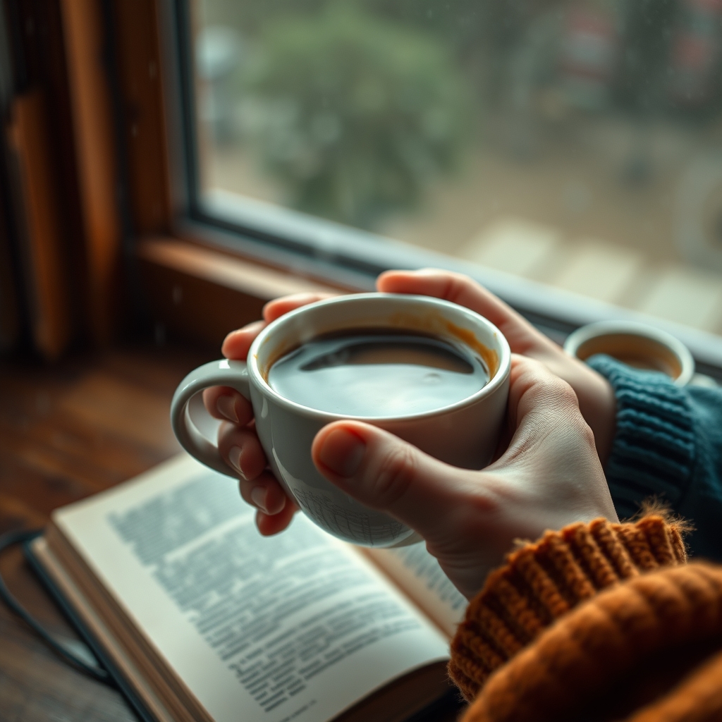 A warm, intimate close-up shot of hands holding a steaming mug of coffee on a rainy morning, with a blurred book and window in the background. The focus is on the texture and warmth.