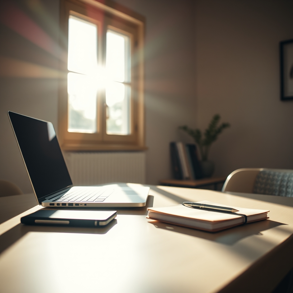 A lifestyle shot of a sunlit, minimalist desk with a laptop, a notebook, and a sleek product placed organically as part of the scene. The focus is on the peaceful atmosphere and natural light.