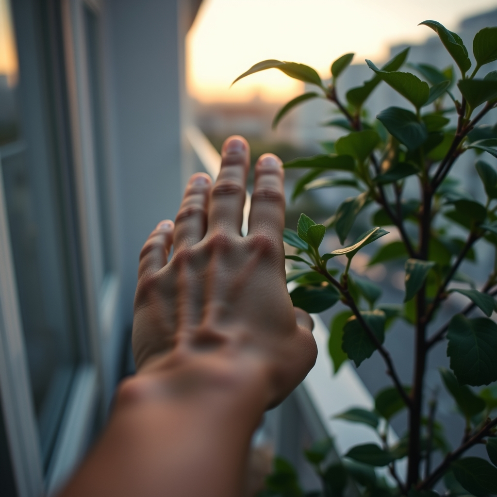 A slow-motion shot of a person's hand gently touching the leaves of a plant on a balcony, with soft evening light creating a serene and tactile feeling. The shot evokes a sense of calm and connection.