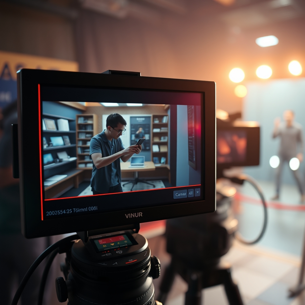 A close-up shot of a director's monitor on a film set, showing a beautifully color-graded scene of a person interacting with a product in slow motion. The atmosphere is cinematic and intentional.