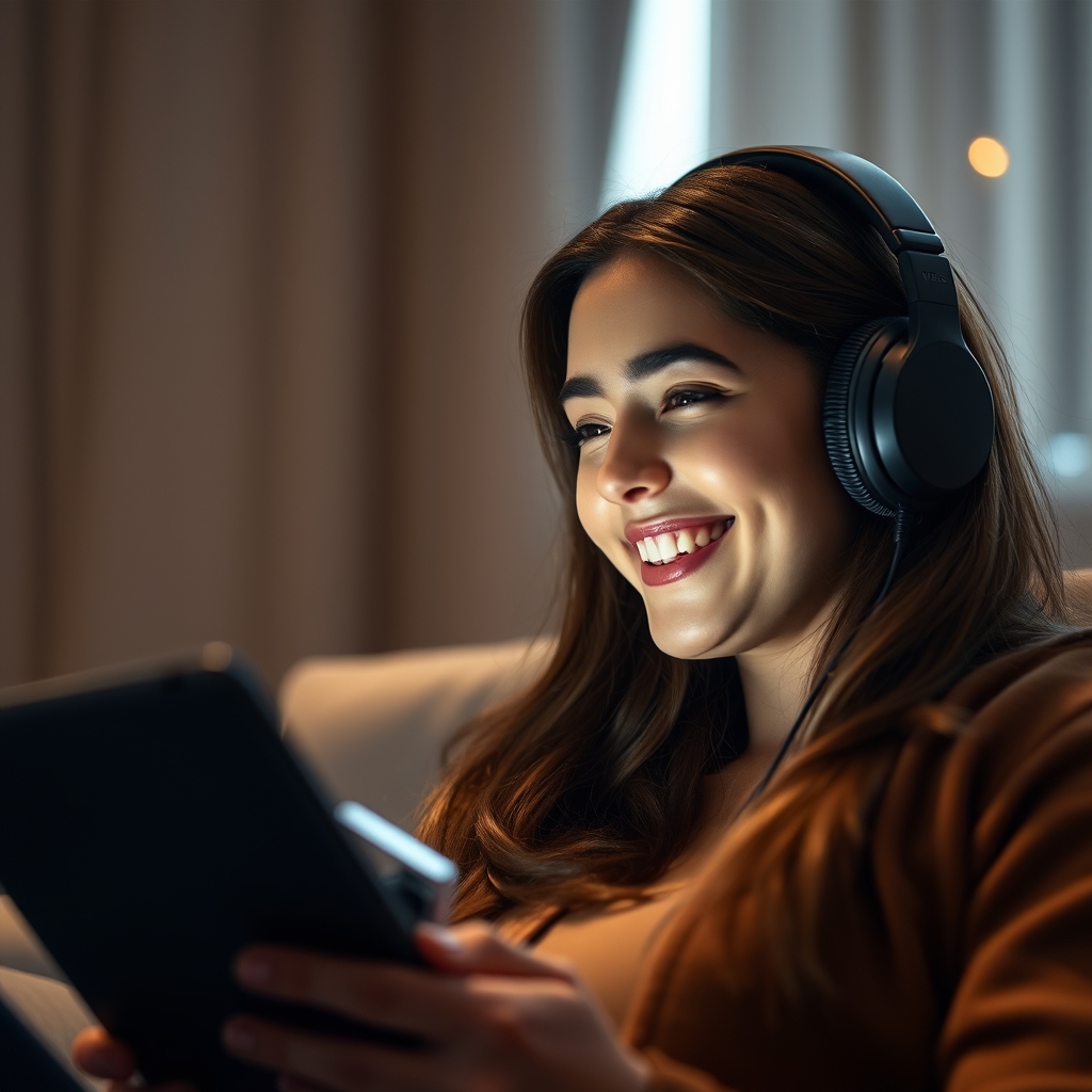 A person wearing headphones, smiling while watching a brand film on a tablet. The light from the screen illuminates their face, reflecting wonder and connection. The background is softly blurred, focusing on the emotional moment.