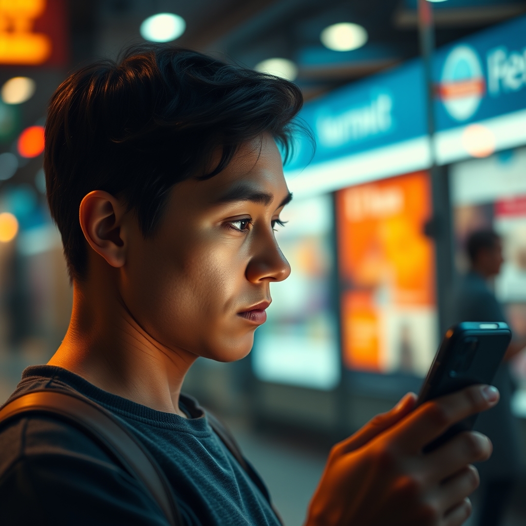 A person looking thoughtfully at a smartphone screen, with warm, soft light illuminating their face, surrounded by a blur of fast-moving digital ads.