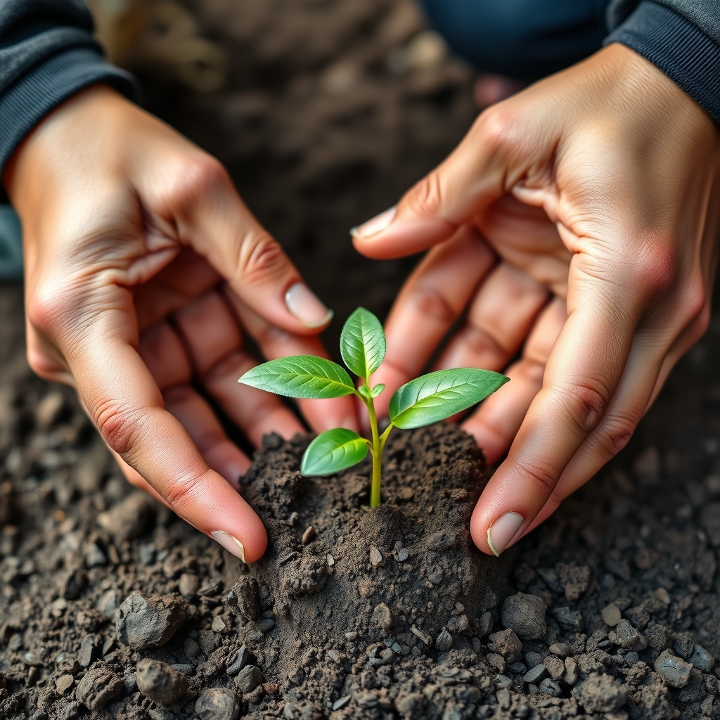 Two pairs of hands, one from a brand representative and one from a customer, collaboratively planting a small seedling in soil, symbolizing growth and partnership.