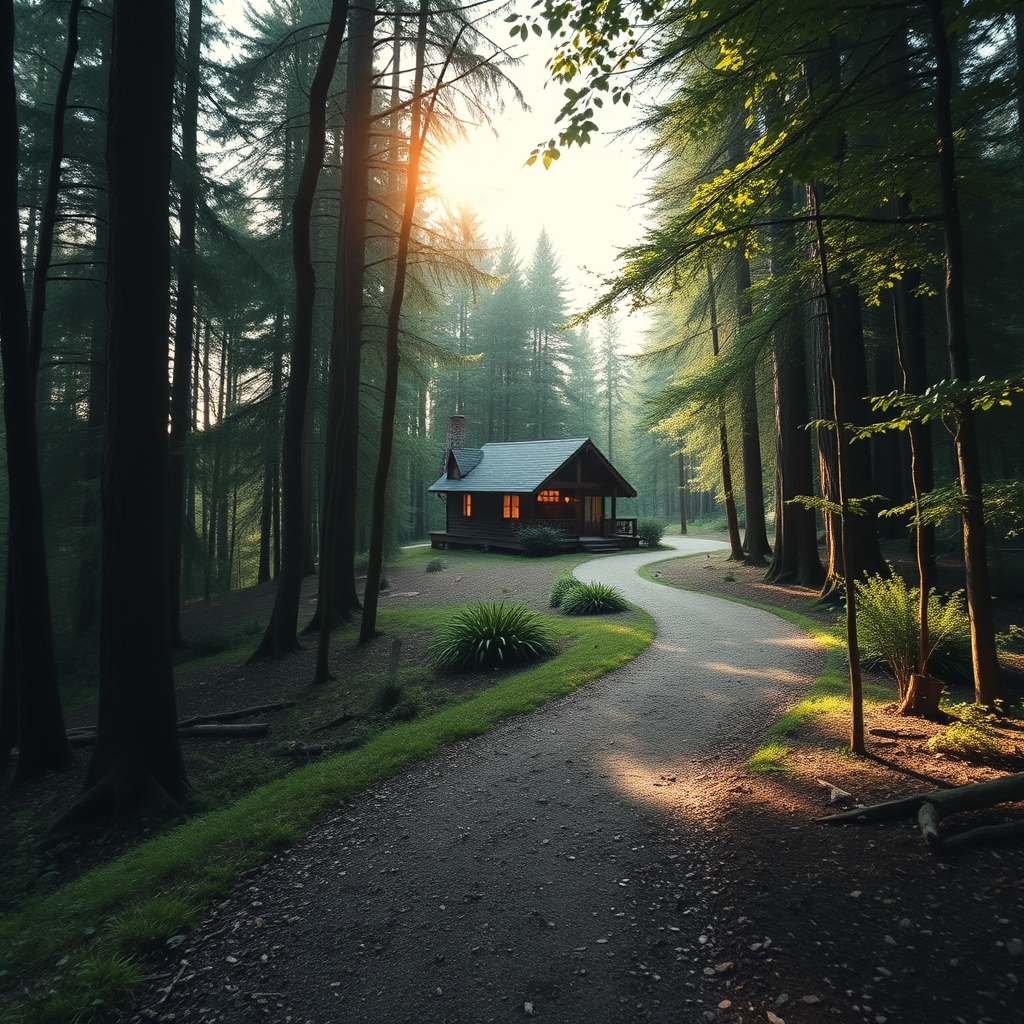 A winding path through a serene forest leading to a cozy, sunlit cottage in the distance, representing a journey of trust and authentic connection.