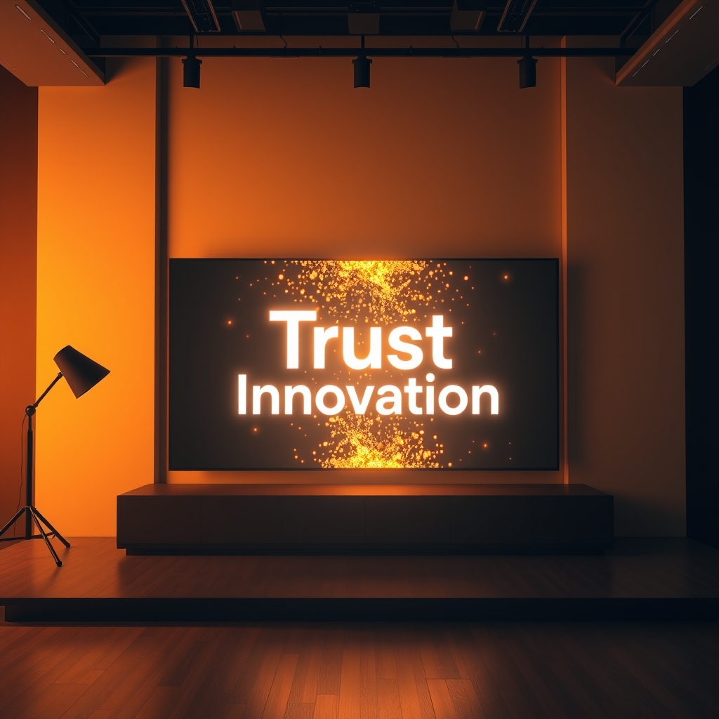 A warm, minimalist studio scene where abstract brand values like 'Trust' and 'Innovation' gently materialize as glowing particles flowing into a sleek video screen.