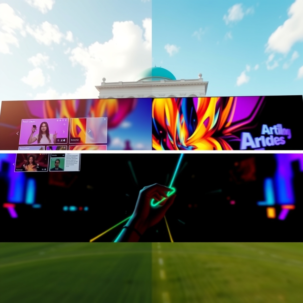 A split-screen showing a storyboard transforming into a vibrant, finished AI-generated video, with brand colors and logos seamlessly integrated.