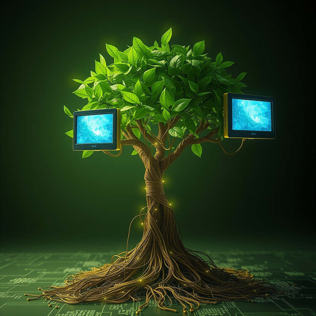 A symbolic scene showing a growing tree made of light, with its roots as circuit boards and leaves as playing video screens, representing sustainable growth through technology.