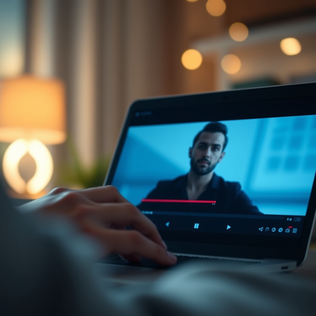 A close-up shot of a person's eyes lighting up as they watch a short, elegant brand video on a laptop screen, with a soft focus background.