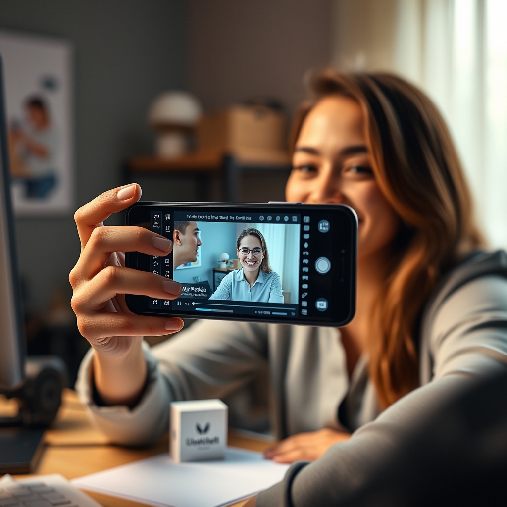 A person smiling while filming a short clip on their phone, with a simple product setup on a desk in front of them. The scene feels authentic and achievable.