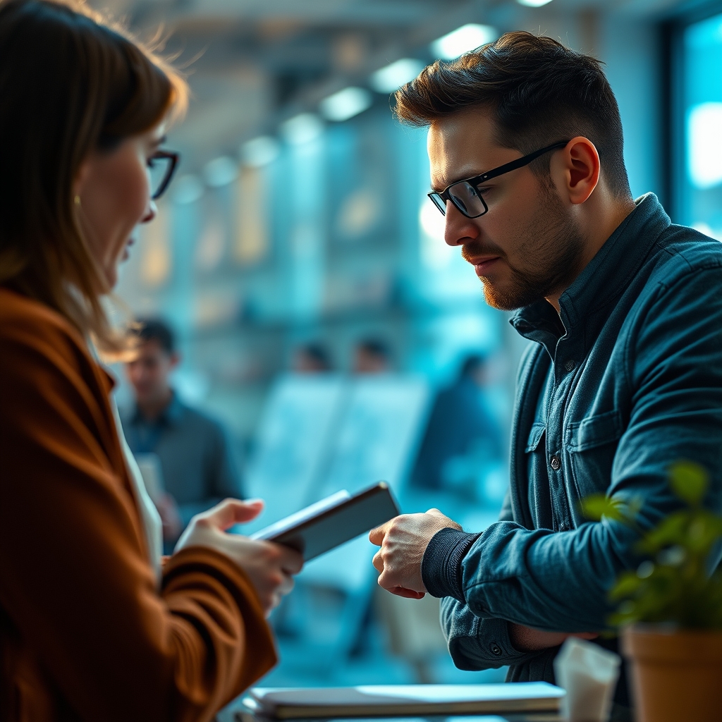 A marketer leaning in attentively, listening to a customer's story, with thoughtful notes on a tablet. The atmosphere is warm and focused.