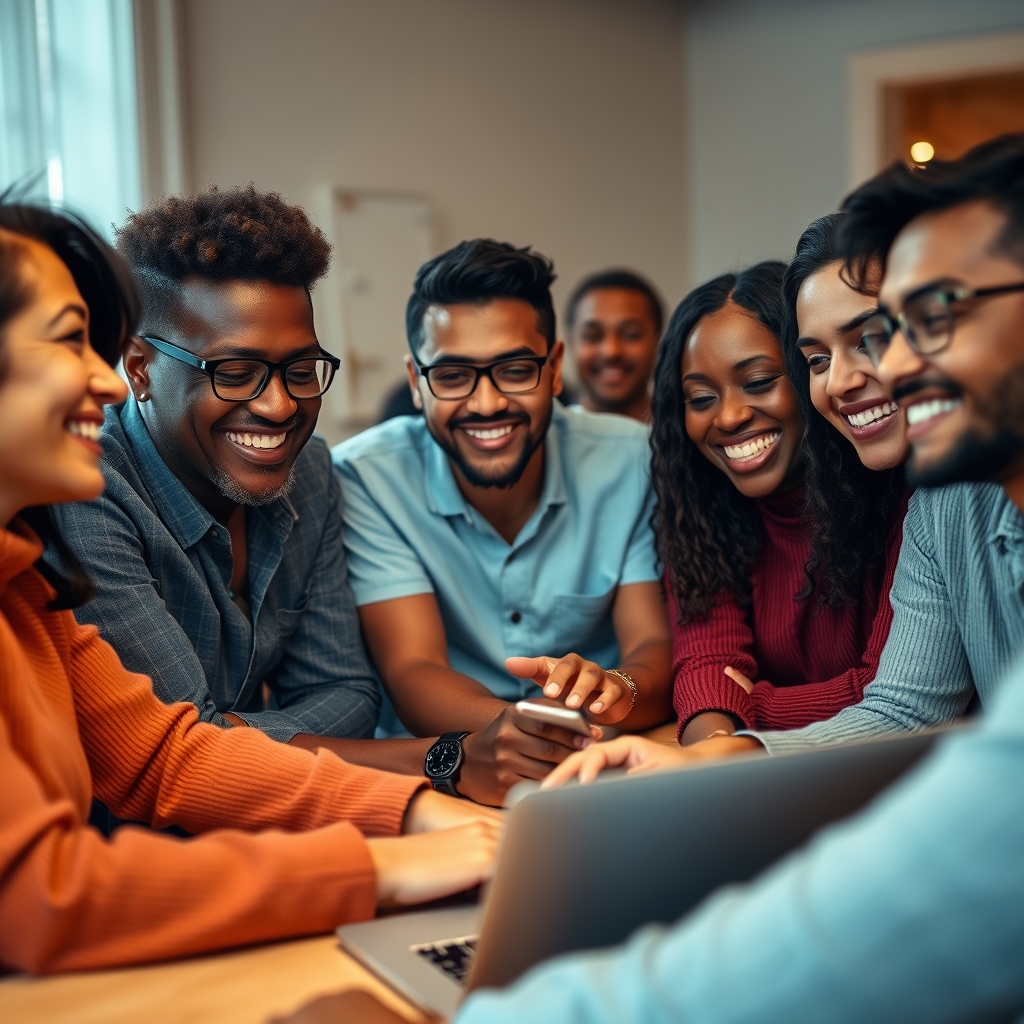 A diverse group of people smiling while watching a video on a laptop, their faces illuminated by the screen, showing a sense of relief and understanding.