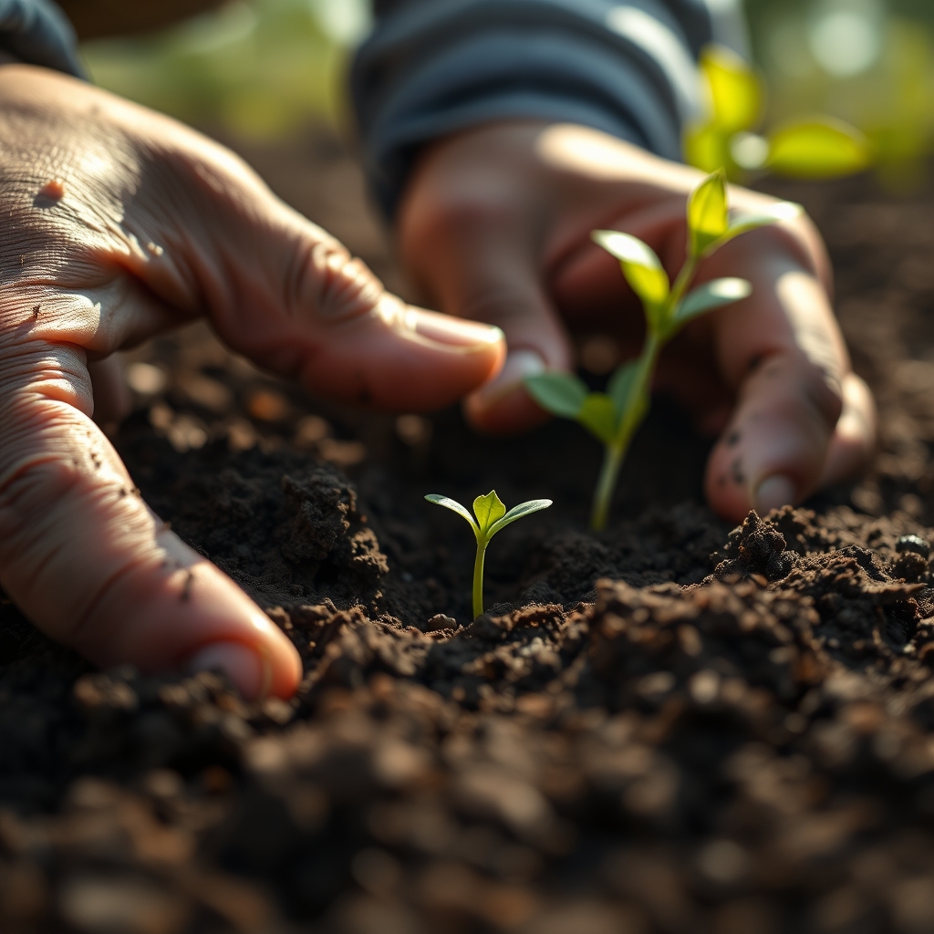 A close-up of hands gently planting a single, tiny seed into rich, dark soil, with soft morning light filtering through.