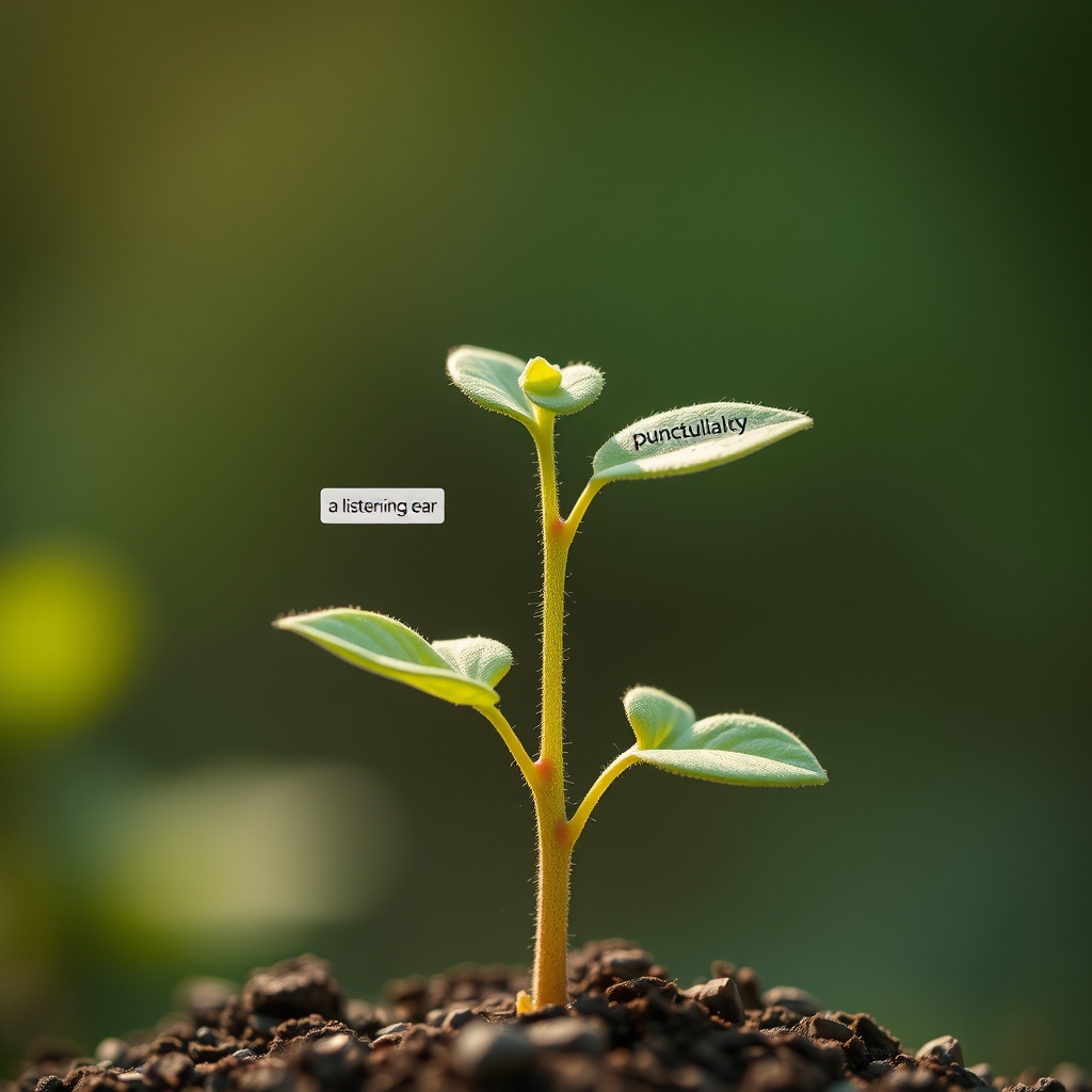 A visual metaphor of a small, delicate plant growing steadily, with each leaf labeled with small icons representing 