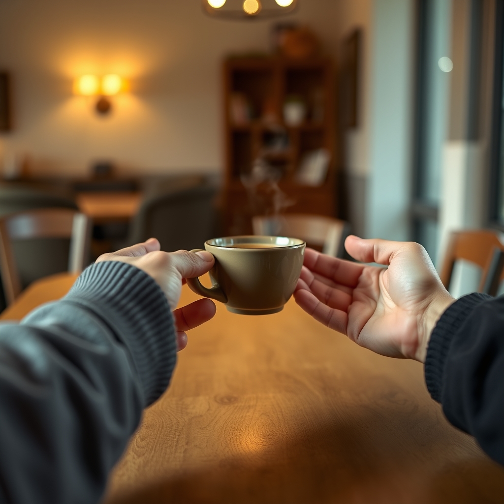 A warm, inviting scene of two hands reaching out across a table, one offering a steaming cup of coffee. The focus is on the connection and the simple, kind gesture.