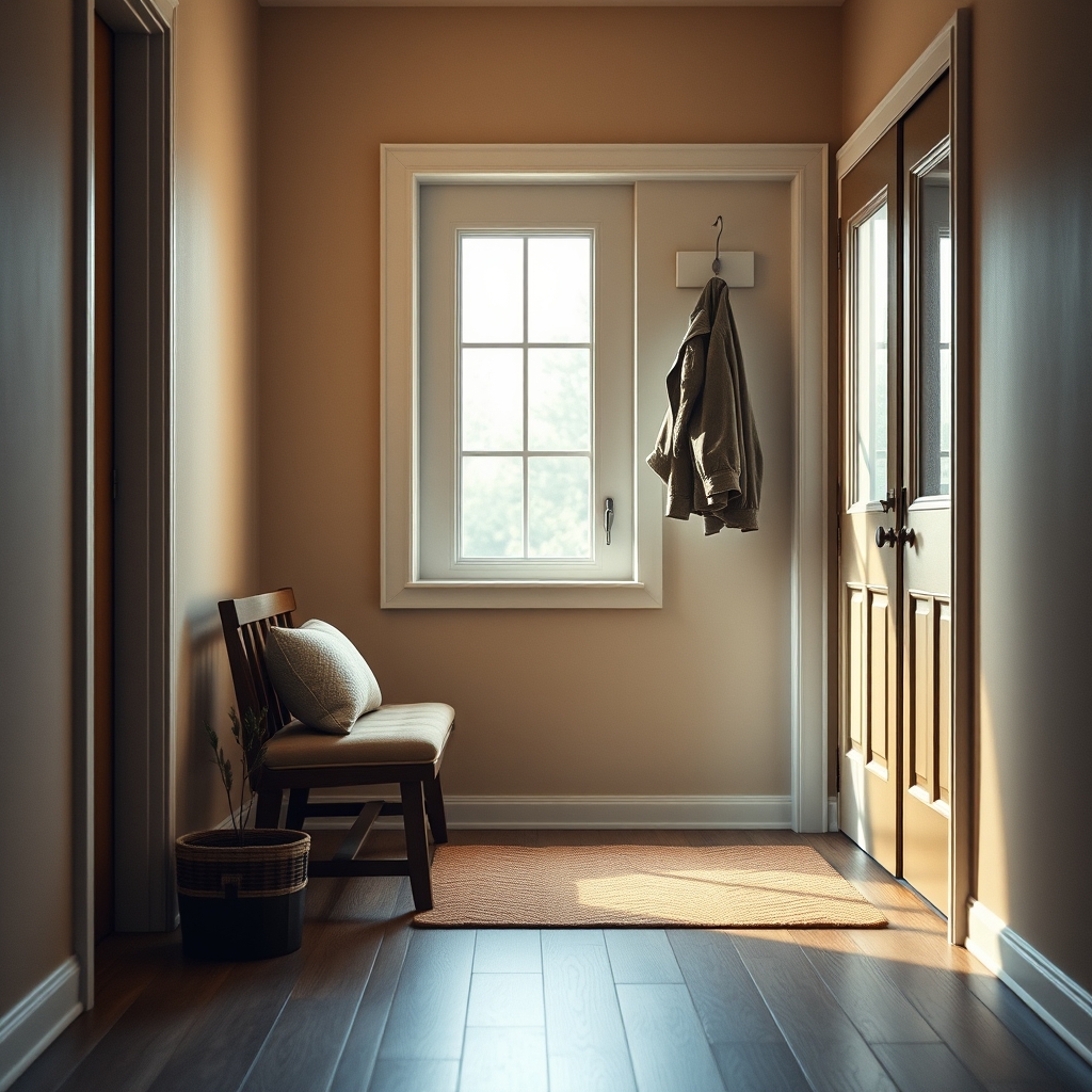 A warmly lit, minimalist home entrance with a cozy bench, a small plant, and a jacket neatly hung on a hook, evoking a sense of calm arrival.