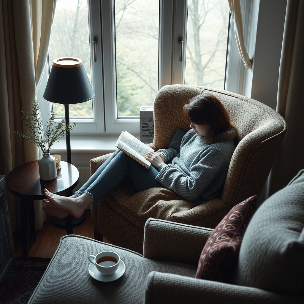 A person comfortably curled up in a cozy armchair by a window, reading a book with a cup of tea nearby, surrounded by soft natural light.