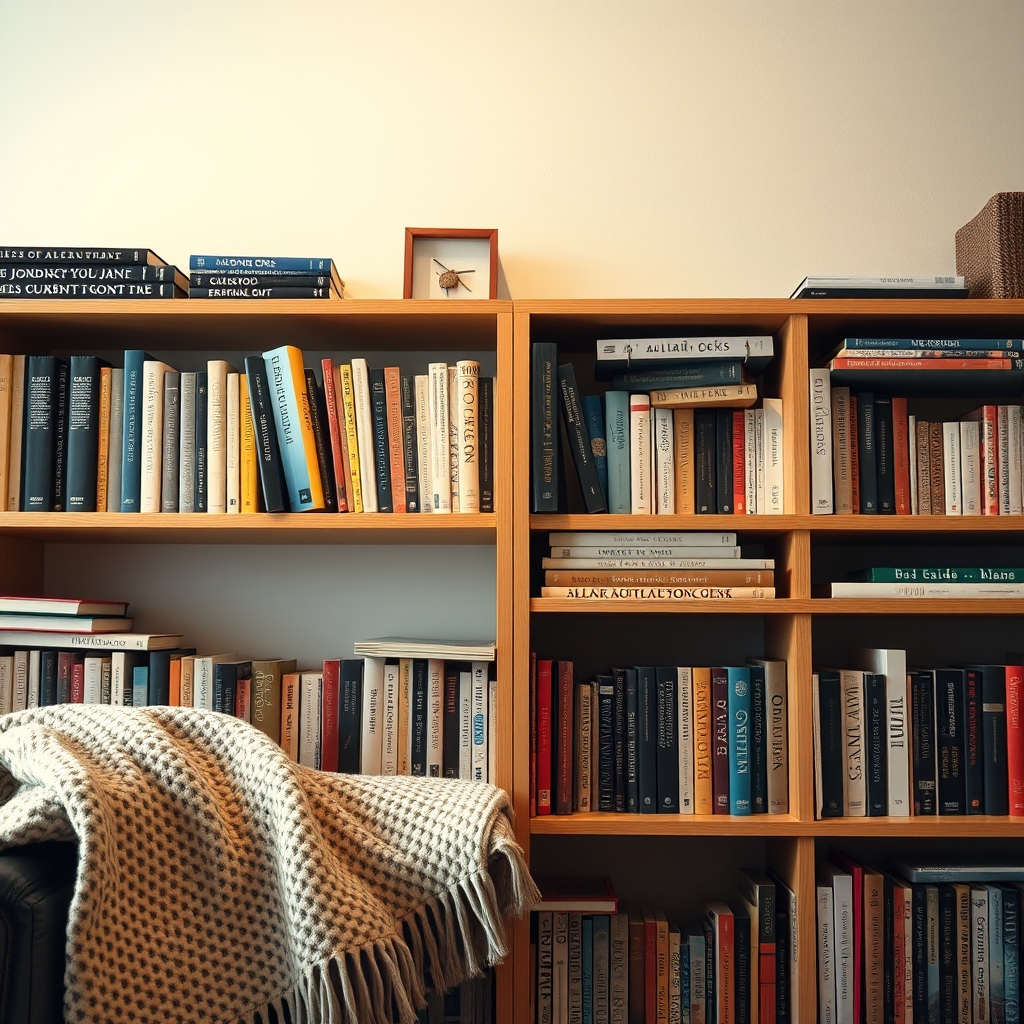 A well-loved, organized bookshelf with familiar items, a soft throw blanket, and a gentle light, suggesting a trusted and personal space.