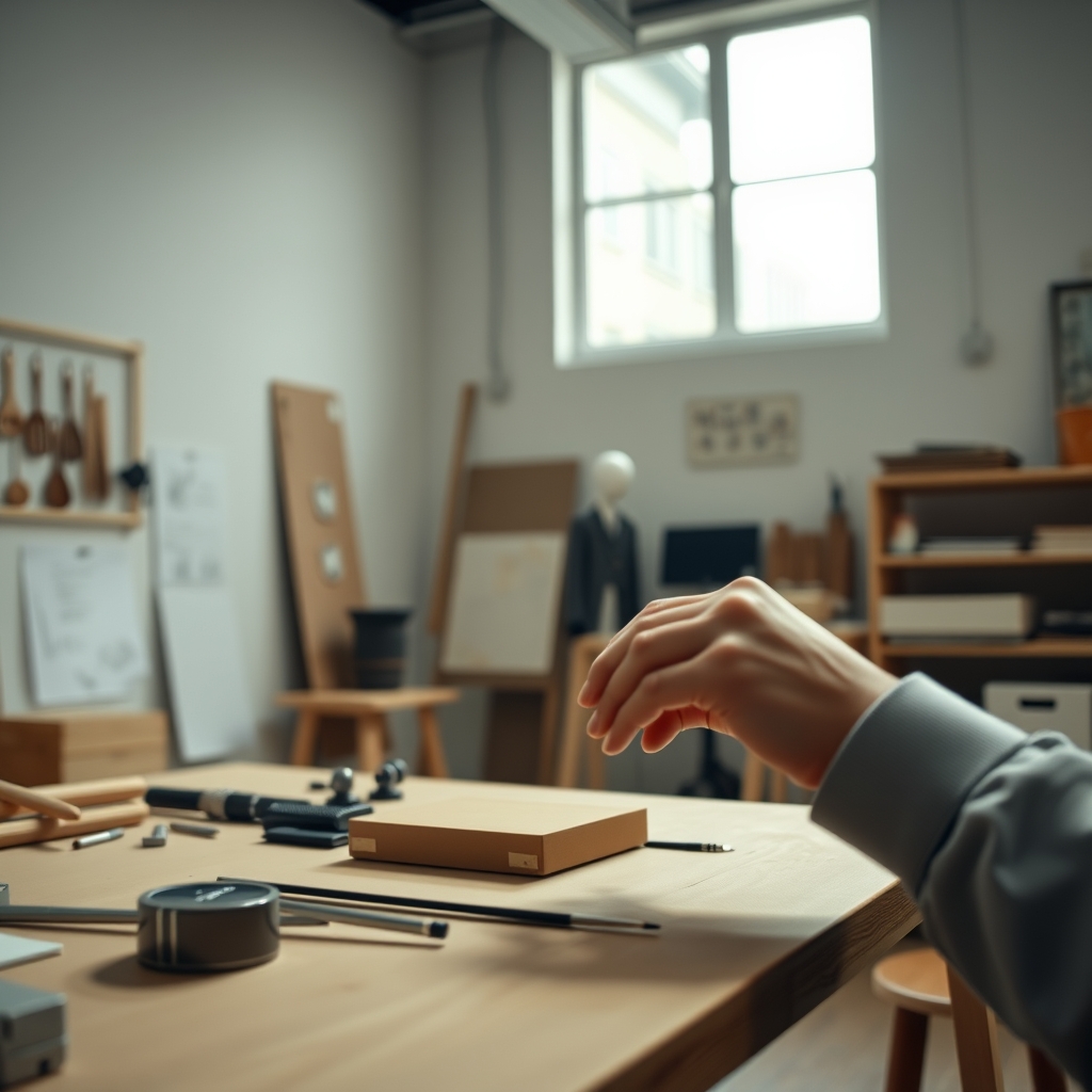 A well-lit, minimalist studio where a designer's hands are carefully crafting a product, with focus on detail and precision.