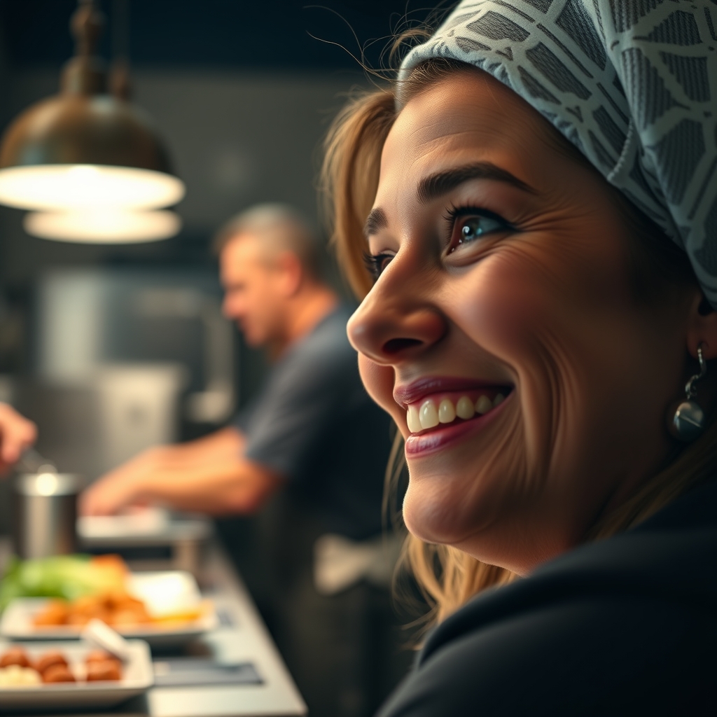 A close-up shot of a client's face lighting up with a smile while watching a behind-the-scenes video of a service being prepared for them.