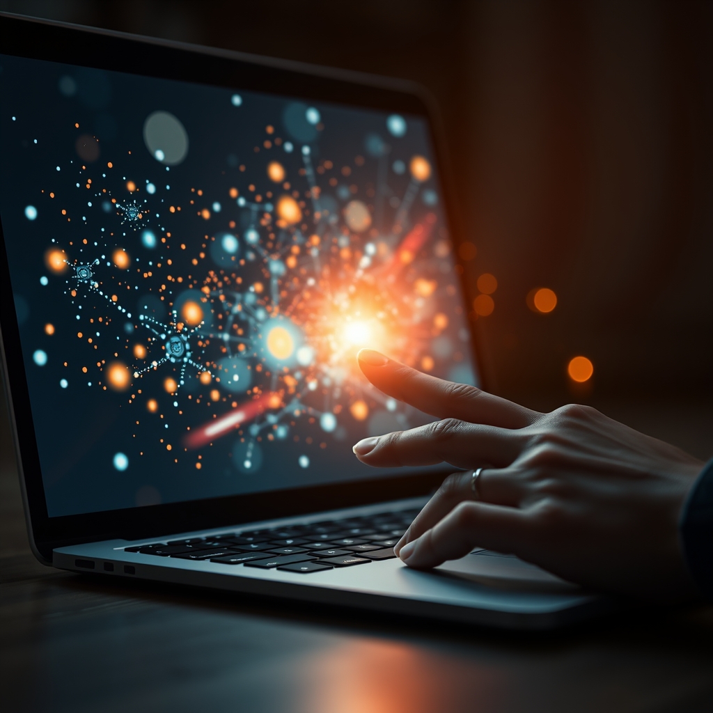 A person's hand gently touching a laptop screen where interactive elements like light and particles are responding to the touch, creating a sense of magic and connection.