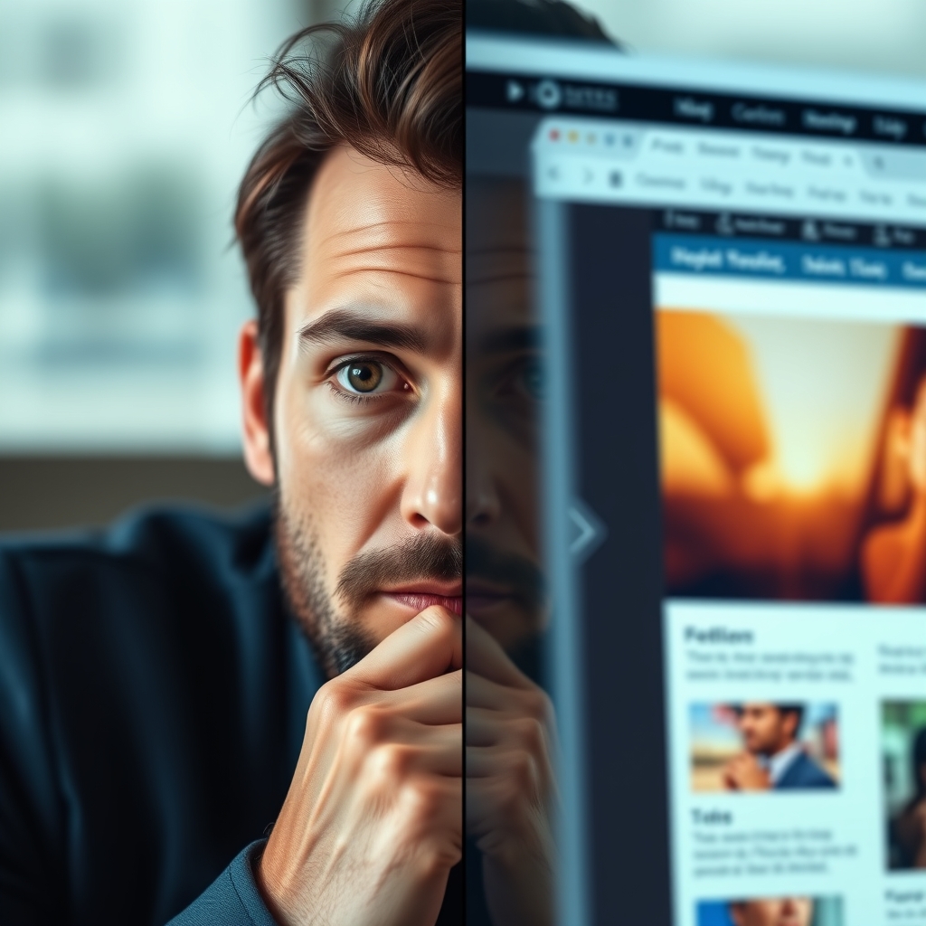 A split-screen view showing a user's thoughtful, engaged face on one side, and on the other side, the corresponding website interface with smooth animations and visual feedback unfolding.