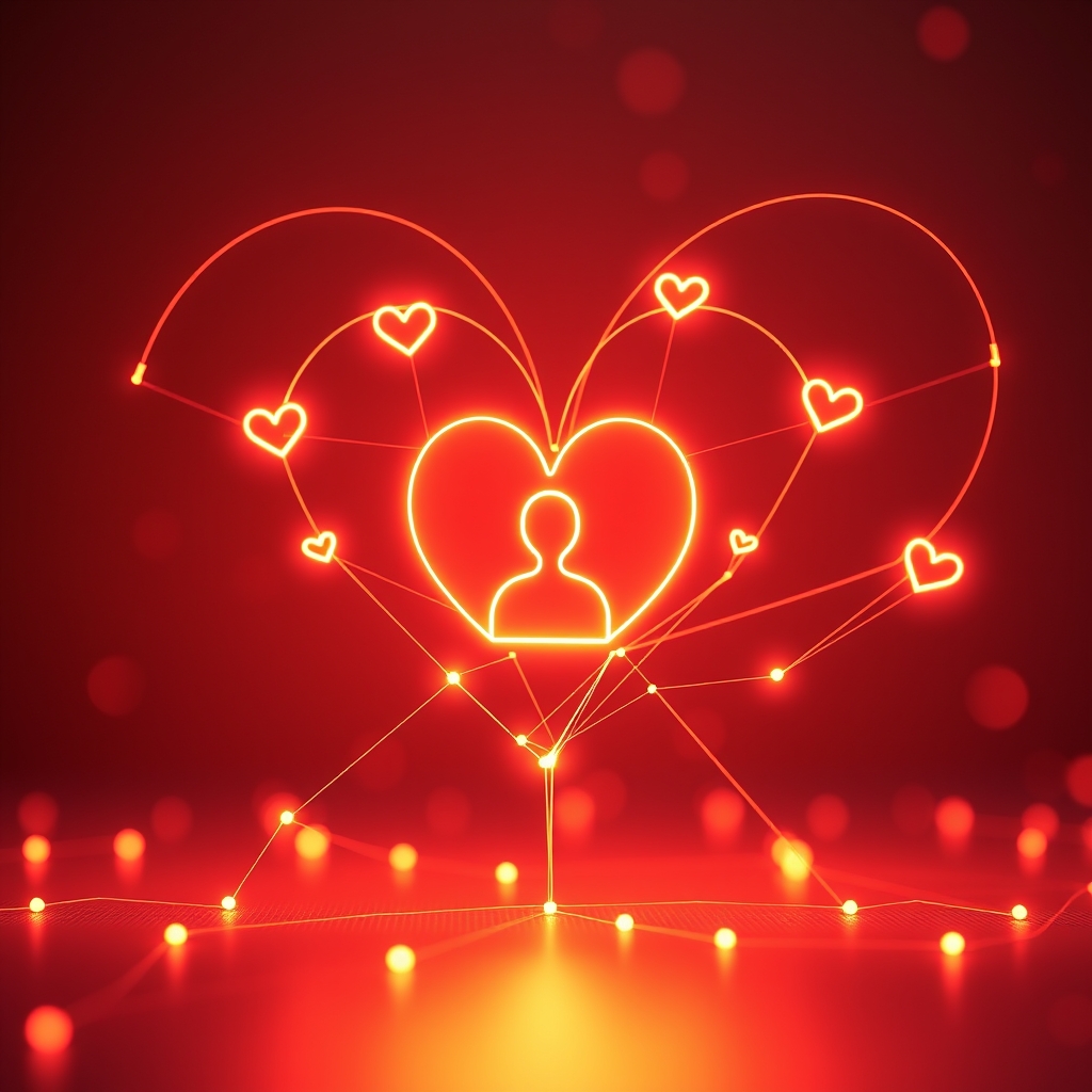 A cozy, abstract scene of a heart-shaped network made of glowing lines connecting a user icon to a brand icon, symbolizing relationship and engagement.