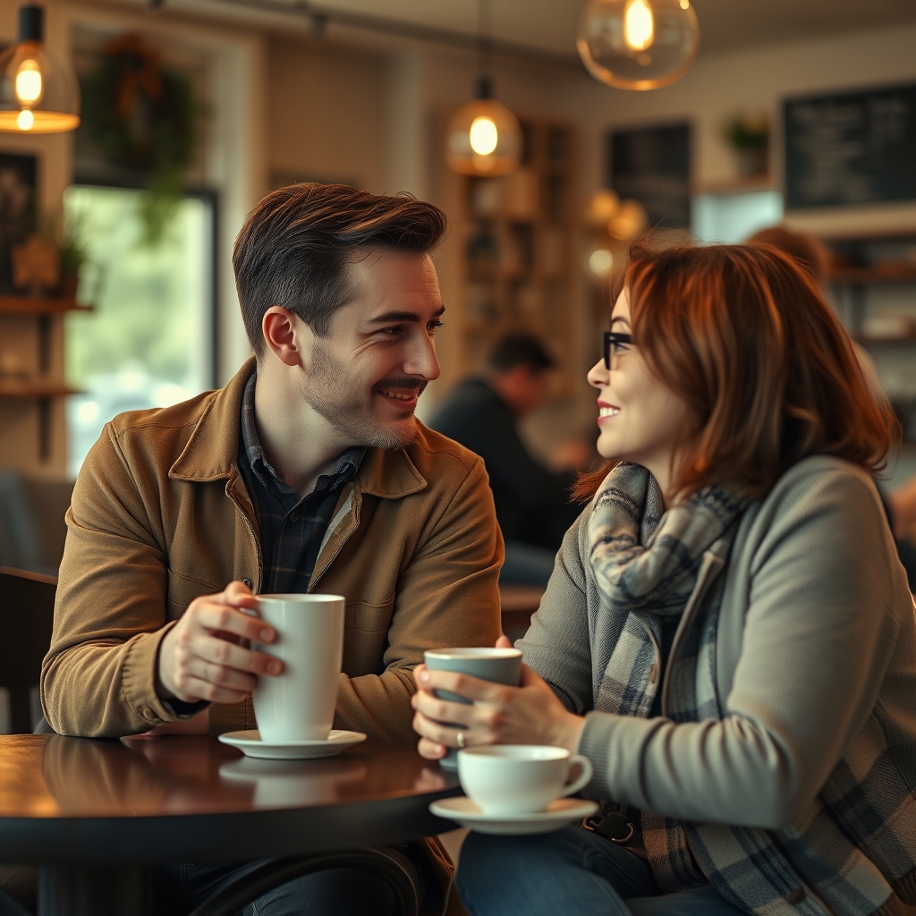 A marketer and a customer having a warm, attentive conversation over coffee in a cozy cafe, leaning in to listen.