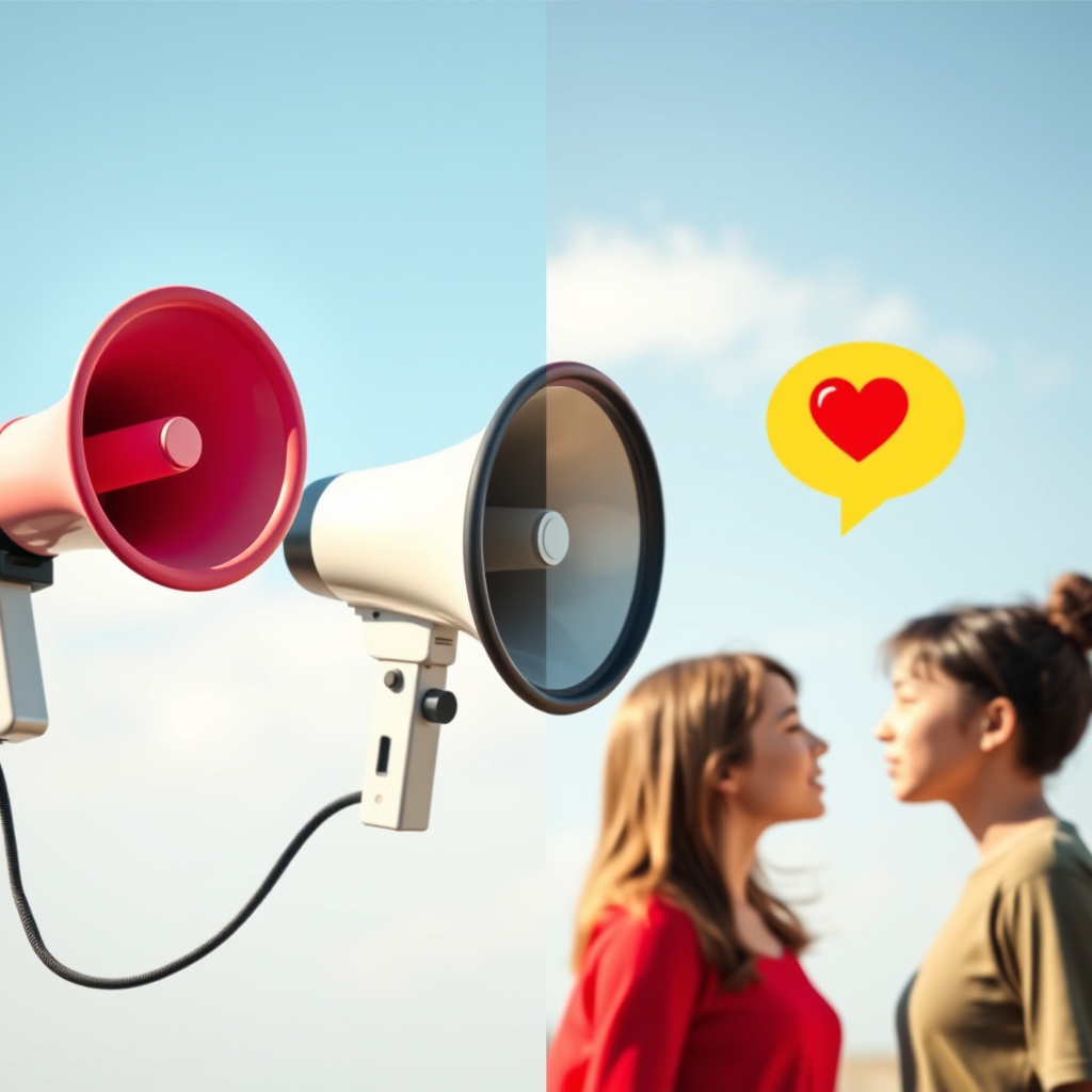 A split-screen image showing on one side a megaphone blasting messages, and on the other, two people exchanging speech bubbles with heart emojis.