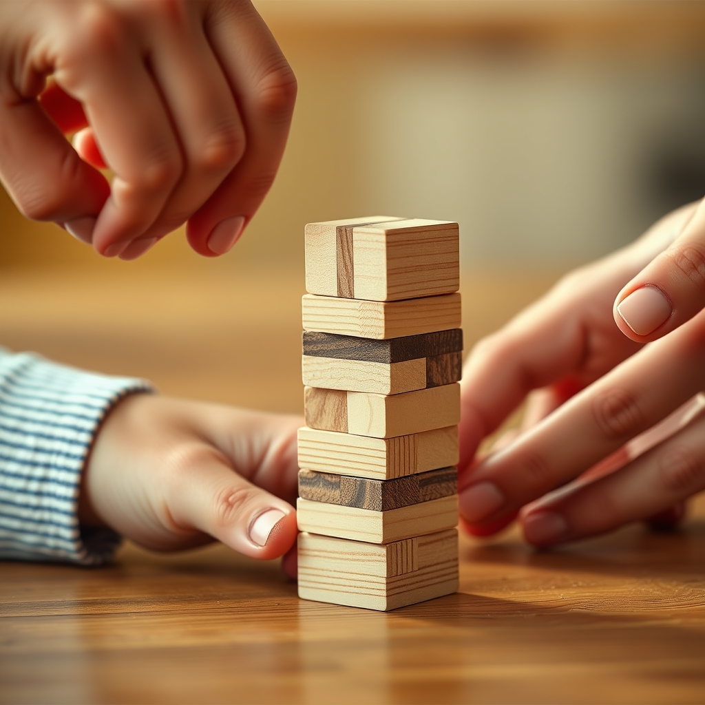 A close-up of two hands building a small tower of wooden blocks together, symbolizing trust and collaboration, with a warm, soft-focus background.