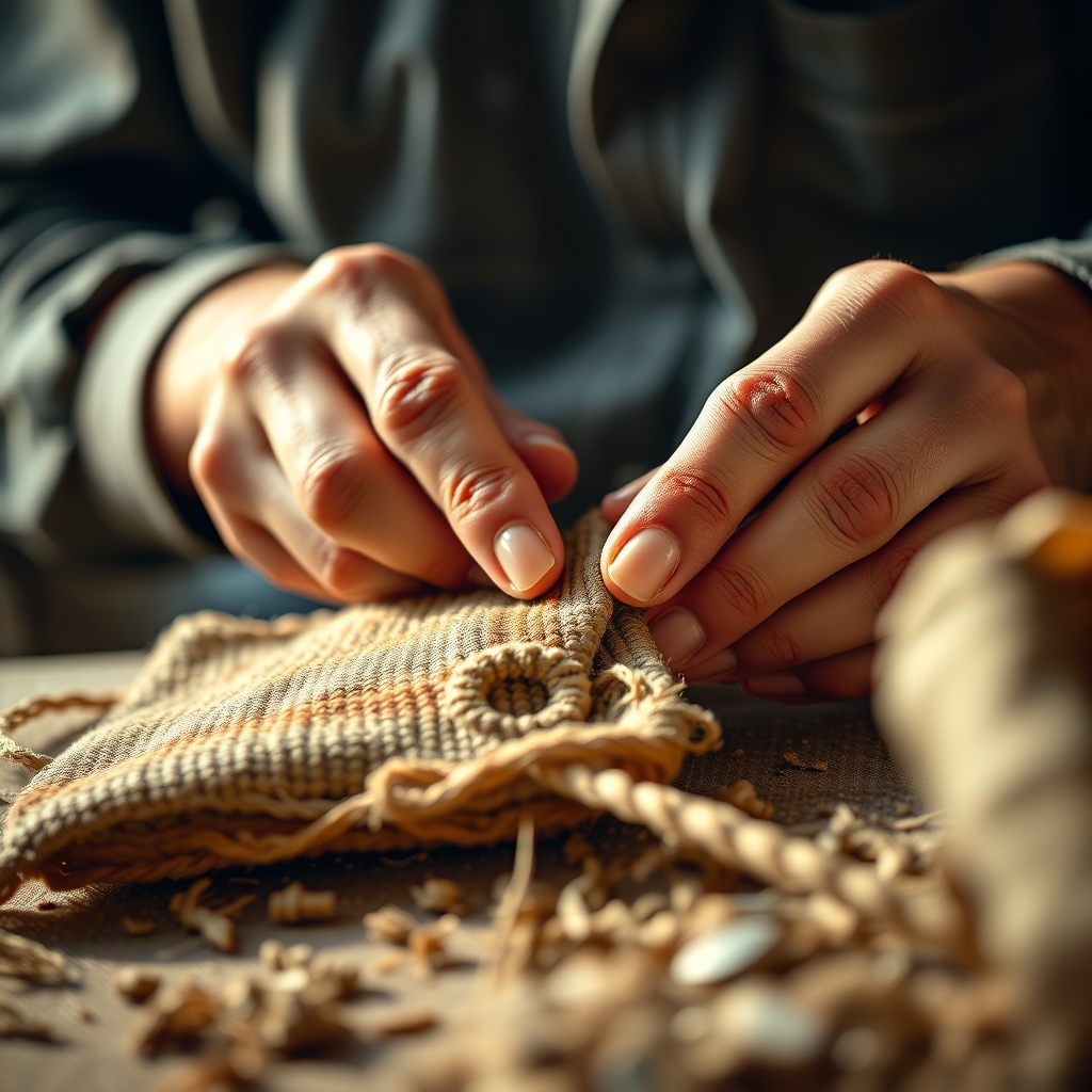 A close-up shot of hands carefully crafting a unique product with textured materials, soft natural light highlighting the details, evoking a sense of warmth and intention.