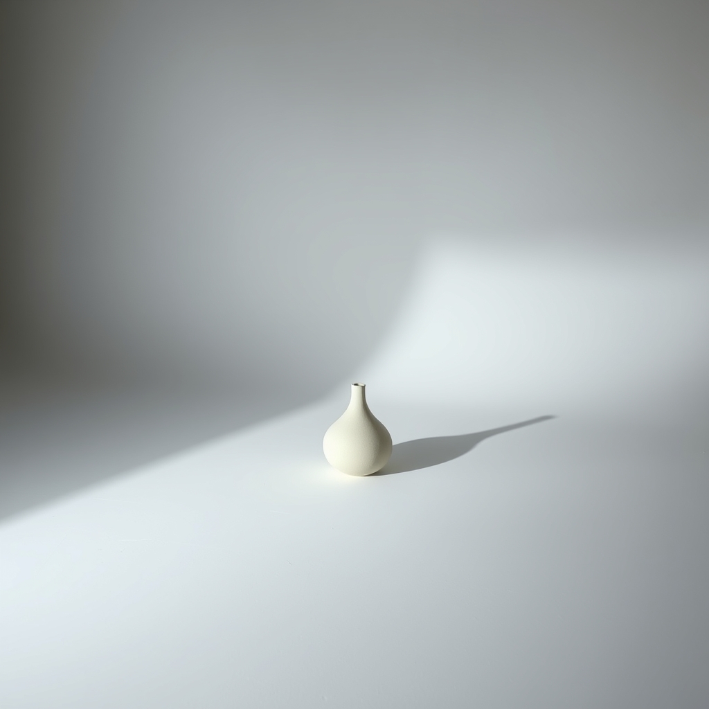 A minimalist studio setting with a single, uniquely designed everyday object placed centrally, casting a long soft shadow, the atmosphere is calm and intriguing.