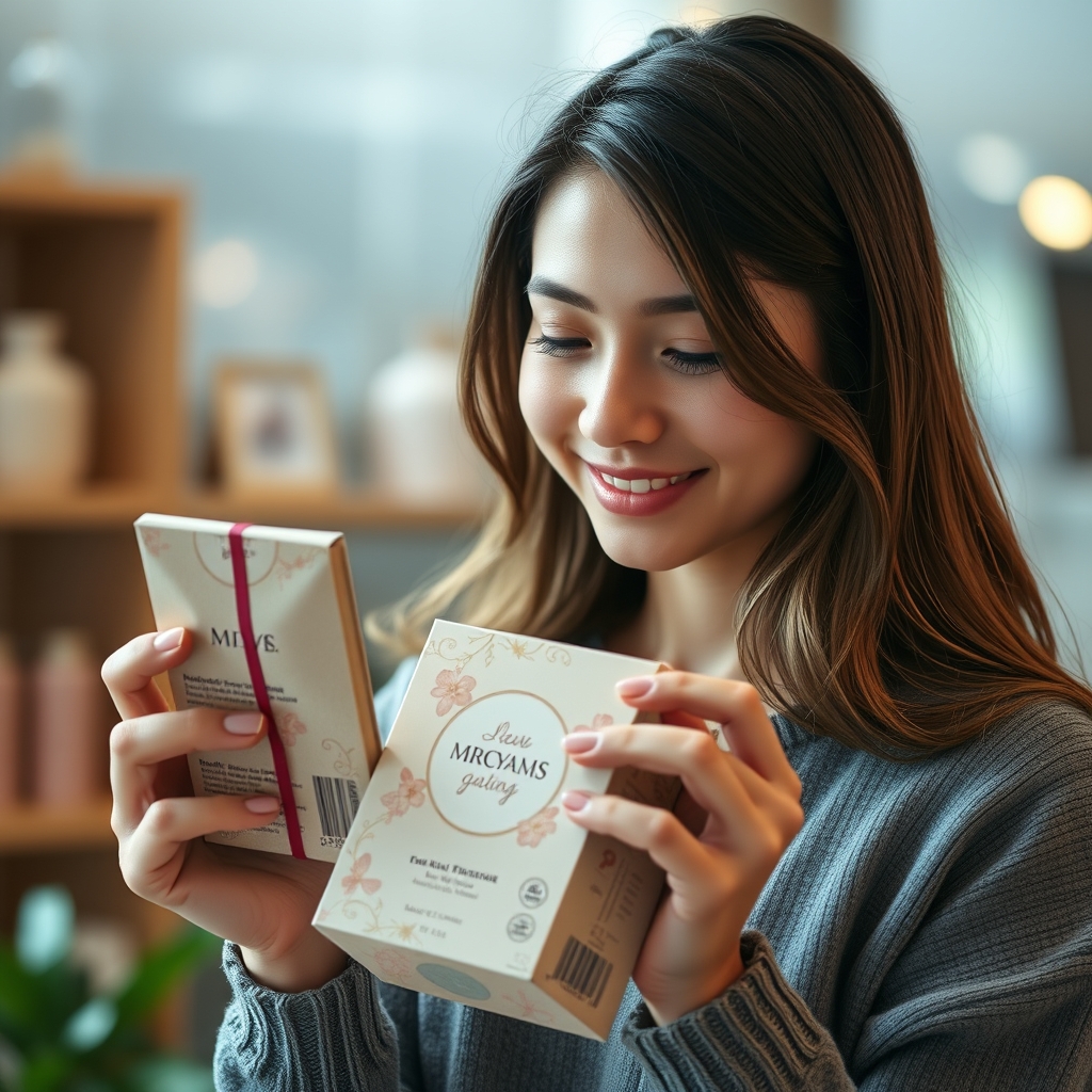 A person holding a beautifully packaged product, looking at it with a soft, curious smile, the focus is on their expression and the thoughtful packaging details.