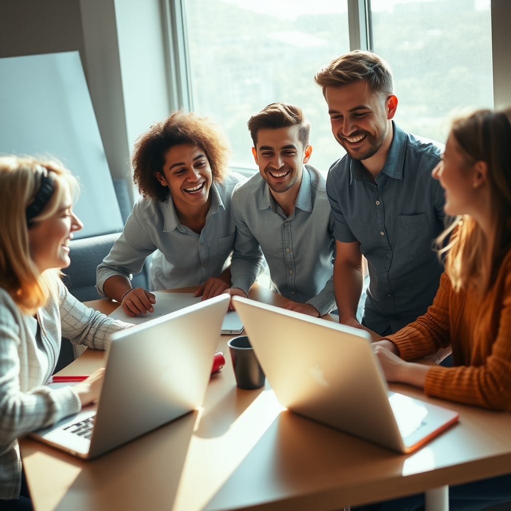 A candid, sunlit shot of a team laughing together around a desk with notebooks and laptops, looking genuinely engaged, not posed.