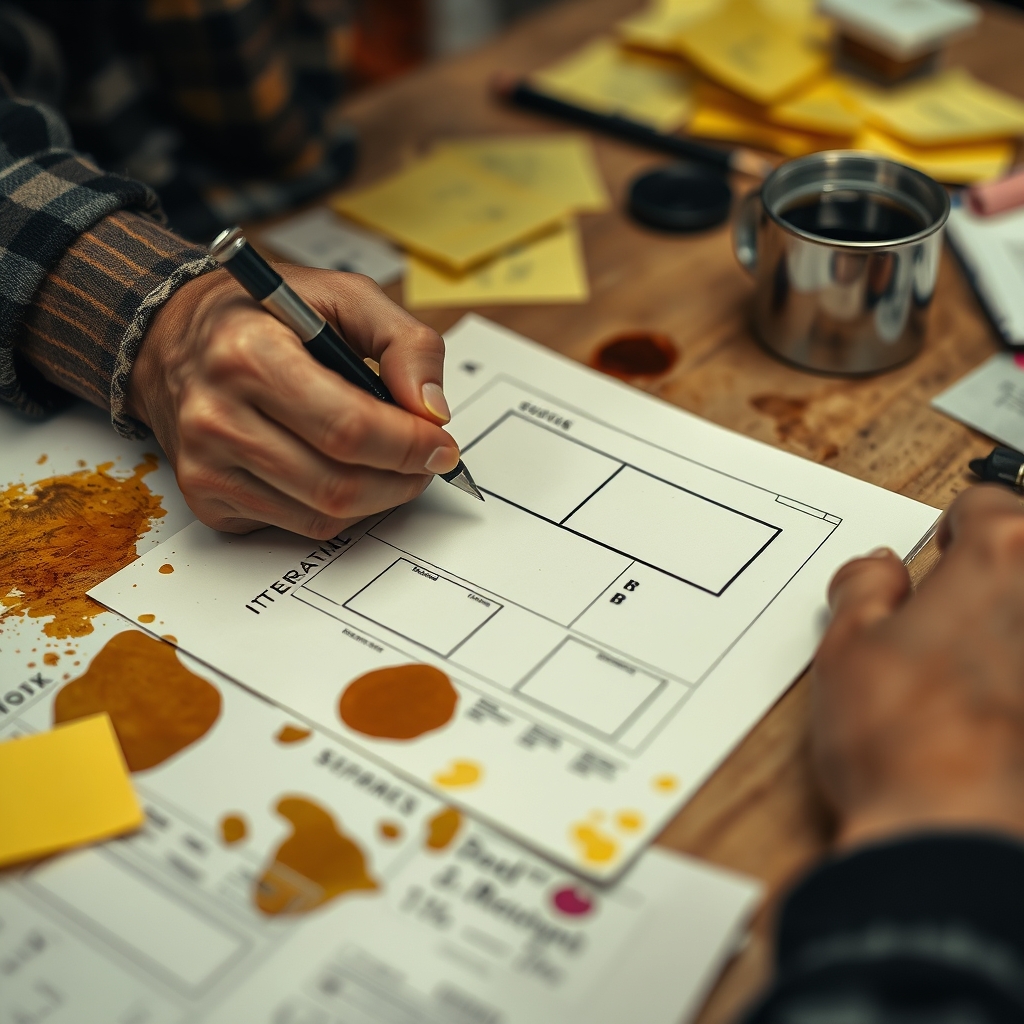 A close-up of hands sketching a simple, iterative wireframe on paper, with coffee stains and sticky notes in the background, showing the messy creative process.