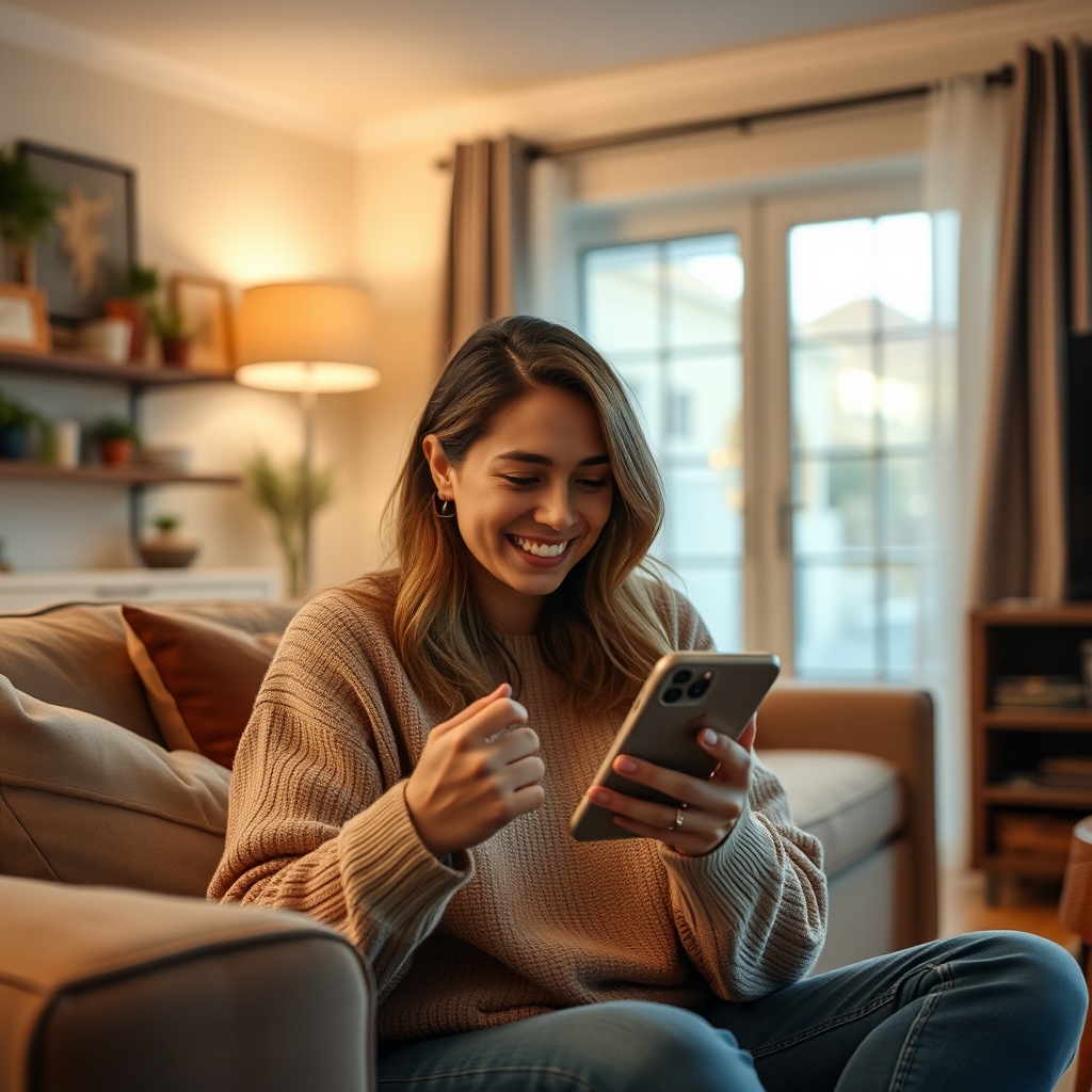 A warm, inviting scene of a finished product in use—a person smiling while easily using an app on their phone in a cozy living room setting.