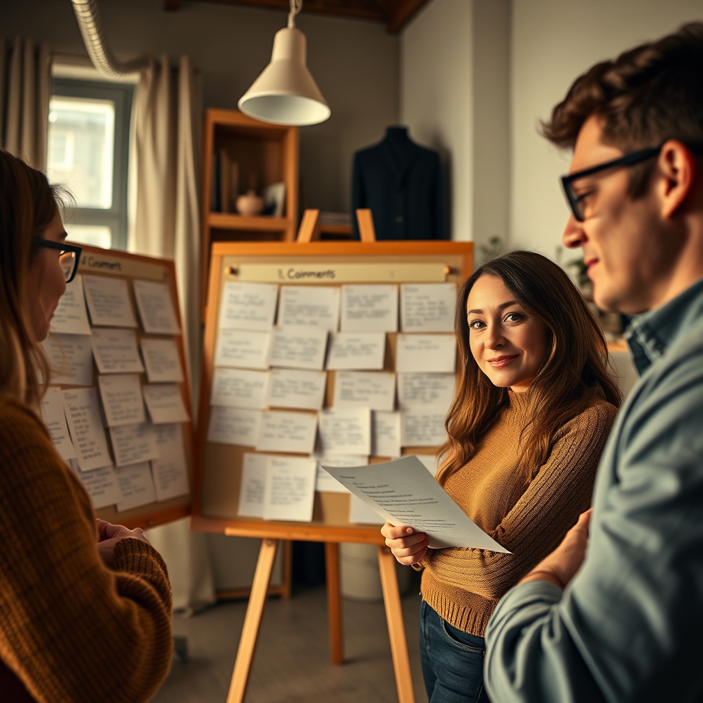 A warm, softly lit studio where a marketing team is thoughtfully reviewing customer letters and comments on a large mood board, their expressions full of sincerity.