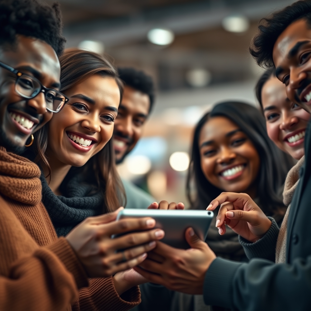 A close-up shot of a diverse group of real customers smiling genuinely, holding a product with care. The focus is on their expressive eyes and hands, with soft bokeh lights in the background.