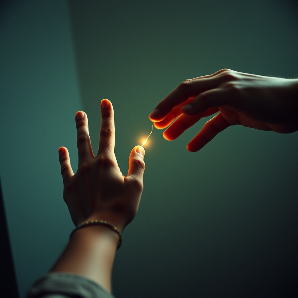 An abstract scene representing ongoing connection: two hands from opposite sides of the screen nearly touching, with a delicate thread of light connecting them. The overall mood is hopeful and forward-looking.