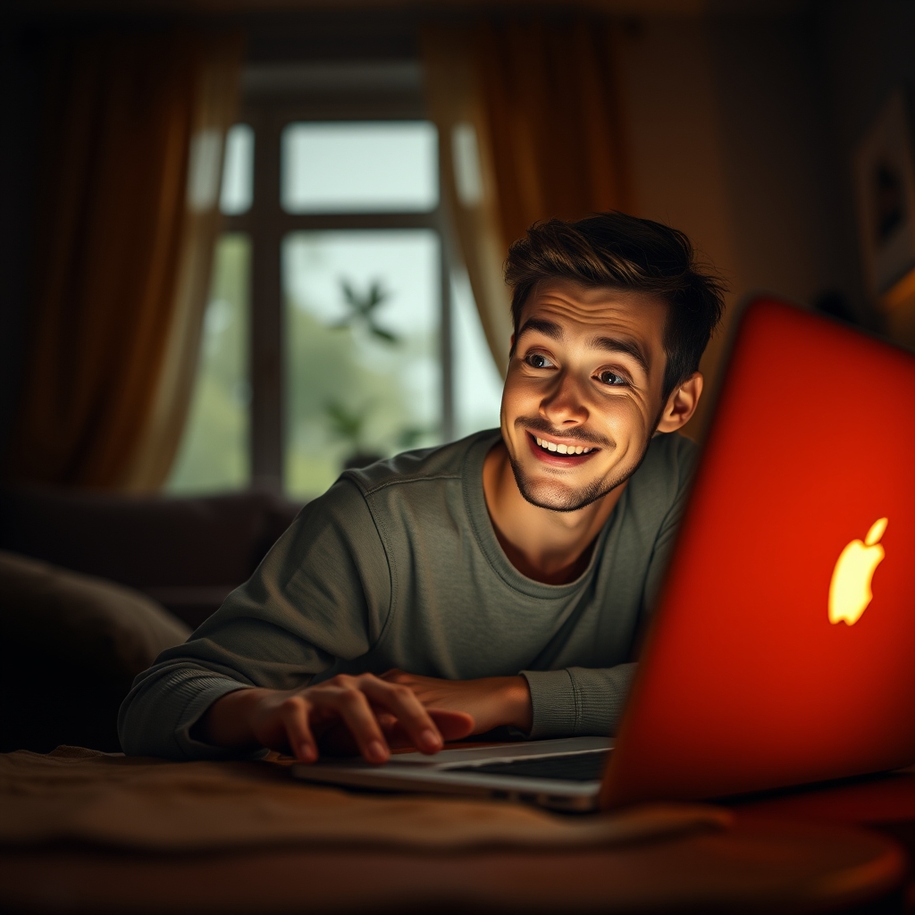 A person looking at a glowing laptop screen in a dimly lit, cozy room, with a look of pleasant surprise on their face.
