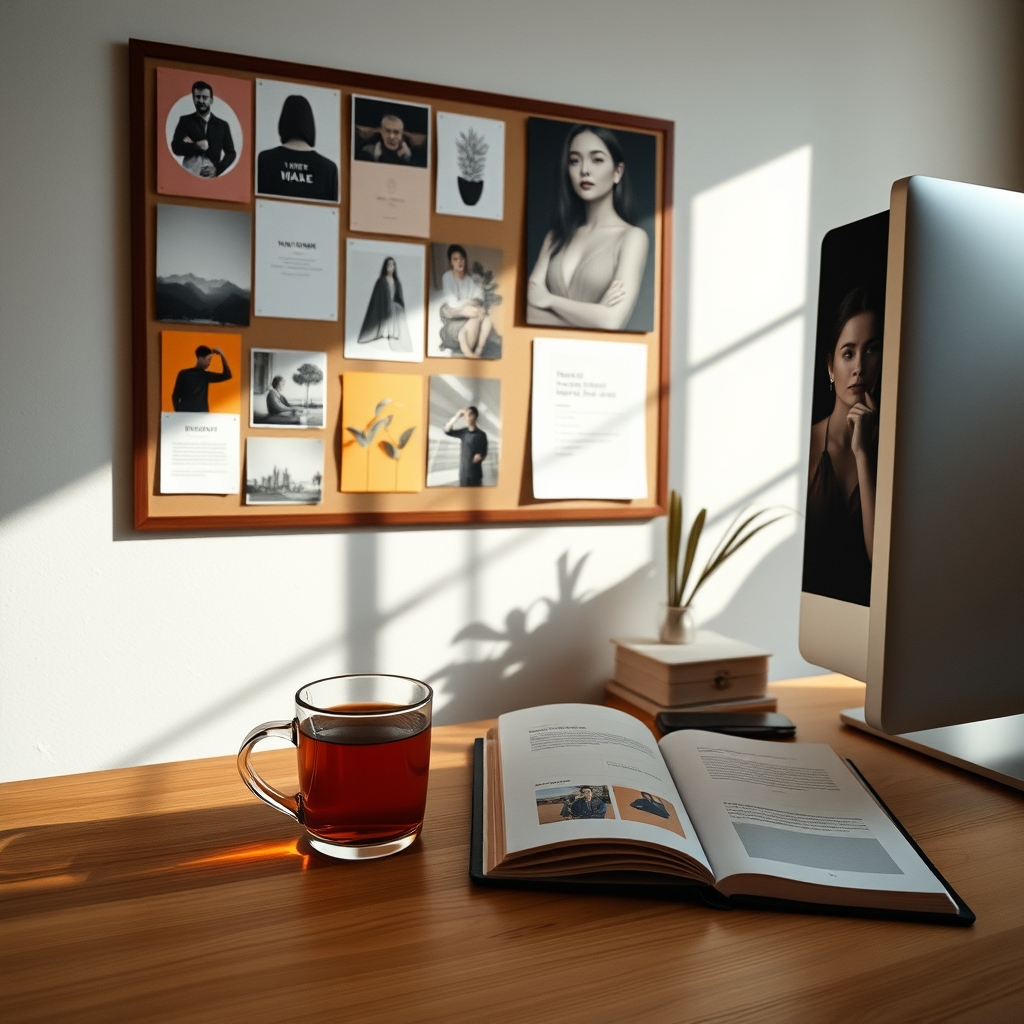 A serene workspace with a mood board on the wall, a cup of warm tea, and a notebook open next to a computer, symbolizing thoughtful design process.