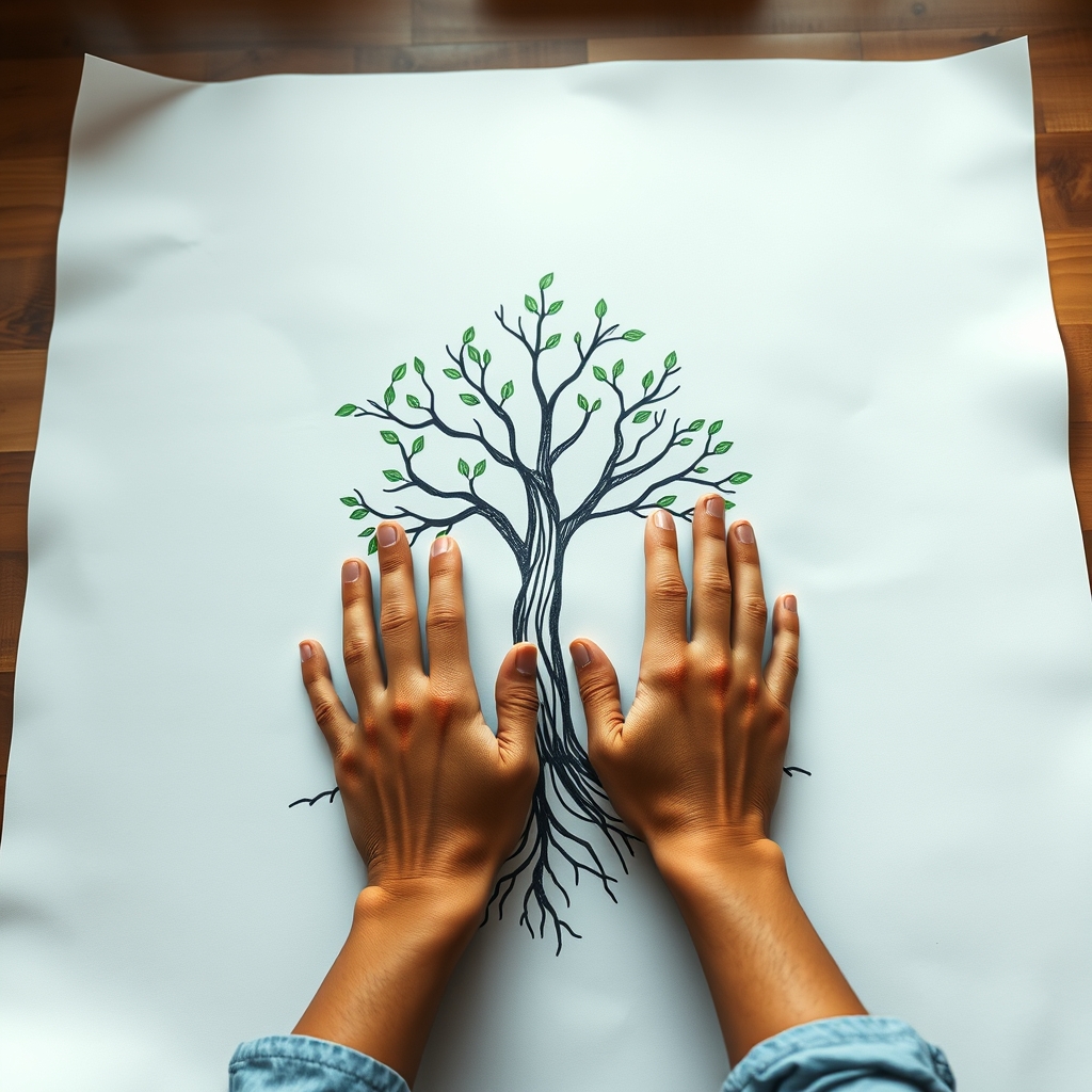 A warm, inviting scene of two pairs of hands drawing a growing tree together on a large paper, symbolizing partnership and co-creation.