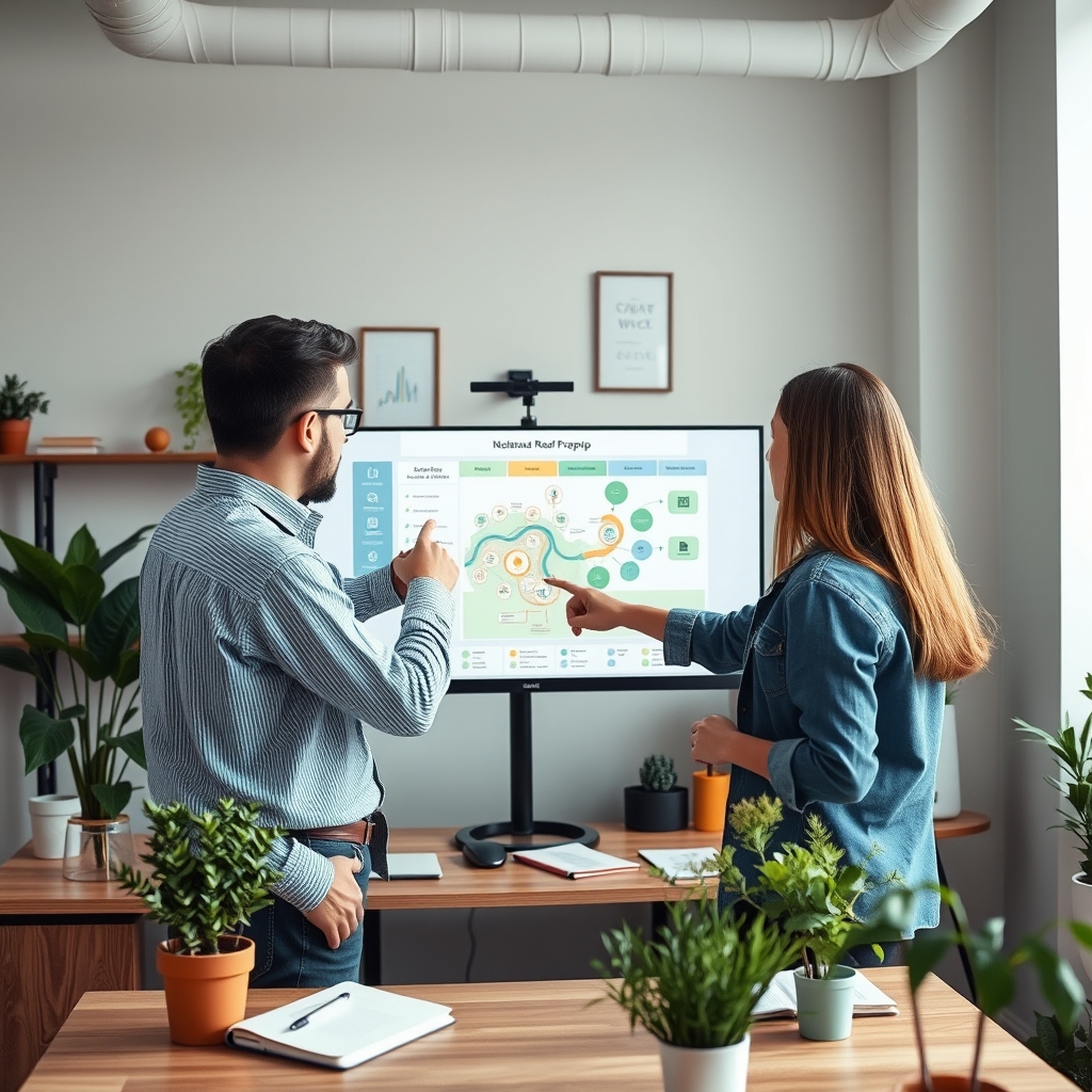A cozy, modern office setting where two people are collaboratively pointing at a roadmap on a monitor, with plants and notebooks around, showing partnership.