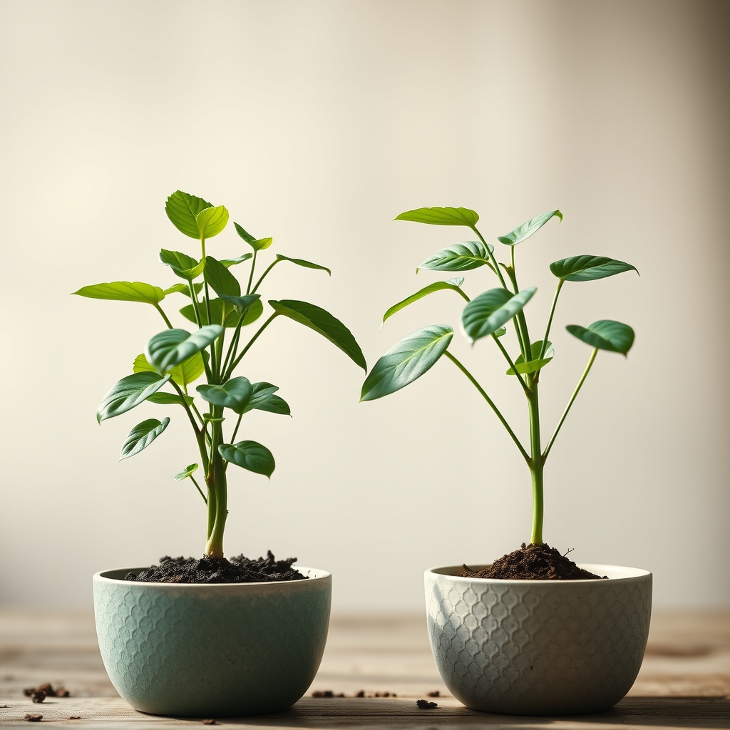 A symbolic shot of two different plants in separate pots growing towards each other, their leaves gently touching, against a soft-focus background.