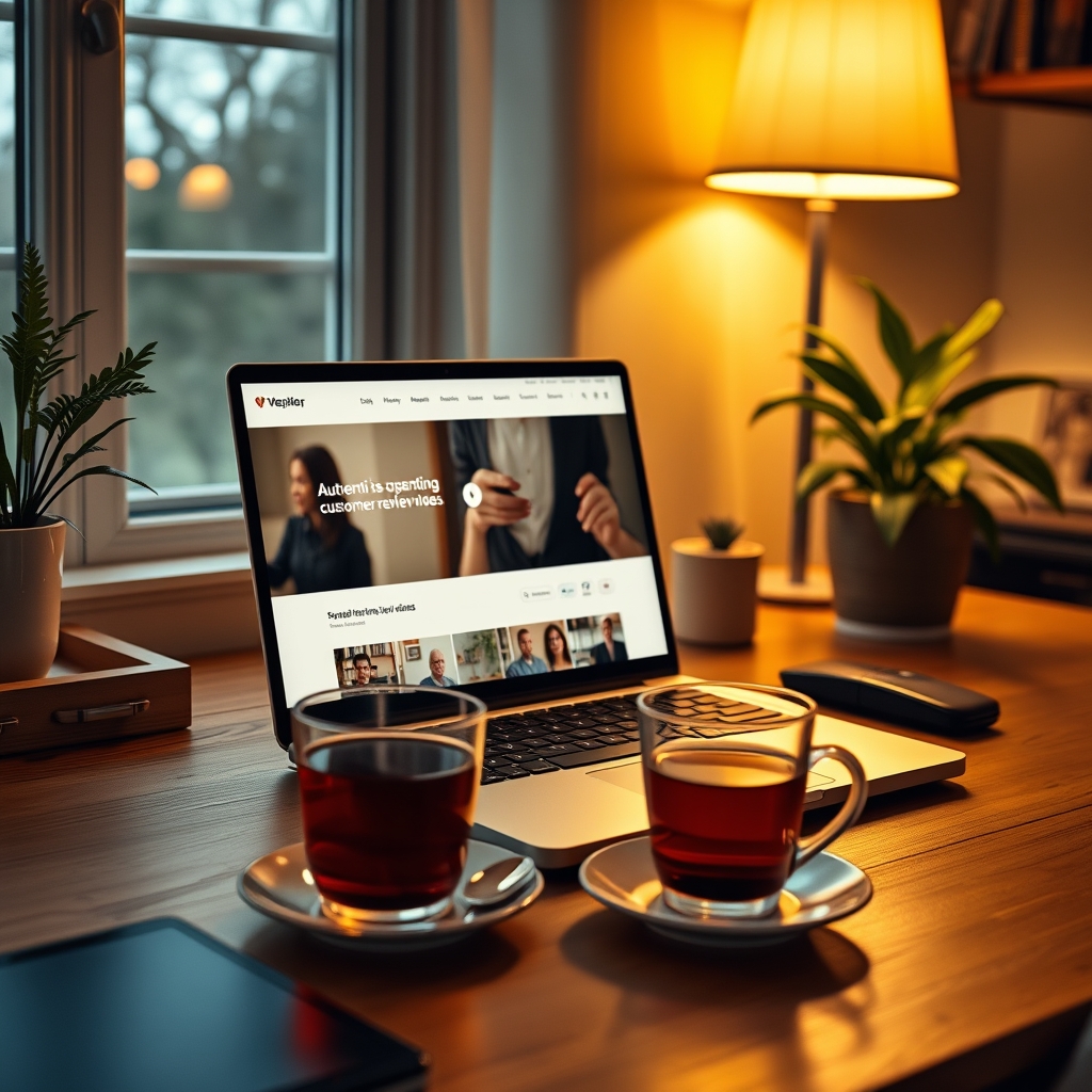 A cozy, well-lit home office desk with a laptop open to a website featuring authentic customer review videos. A cup of warm tea sits beside it.