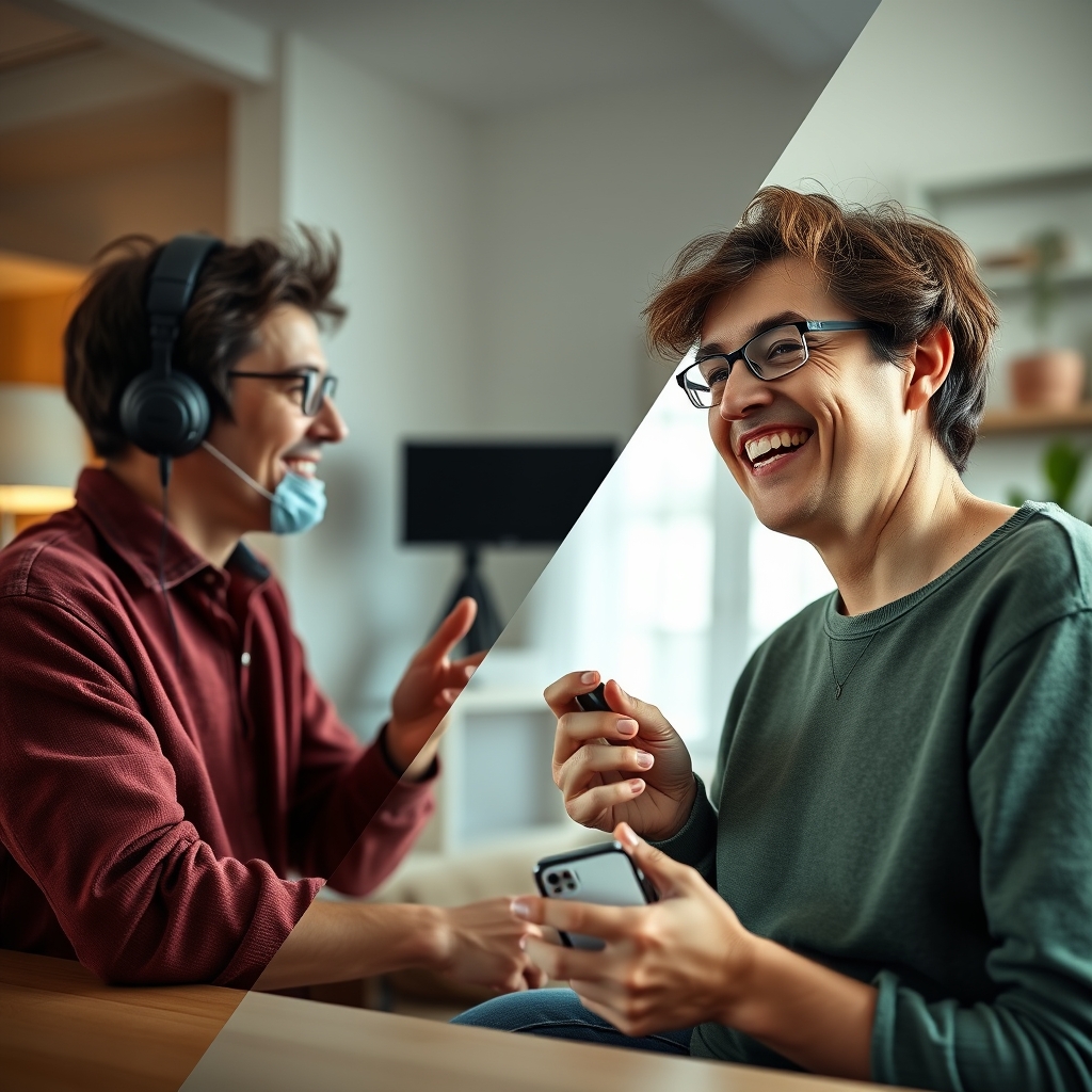 A split-screen image showing on one side a fake, overly staged review photoshoot, and on the other side, a genuine customer smiling while naturally using a product at home.