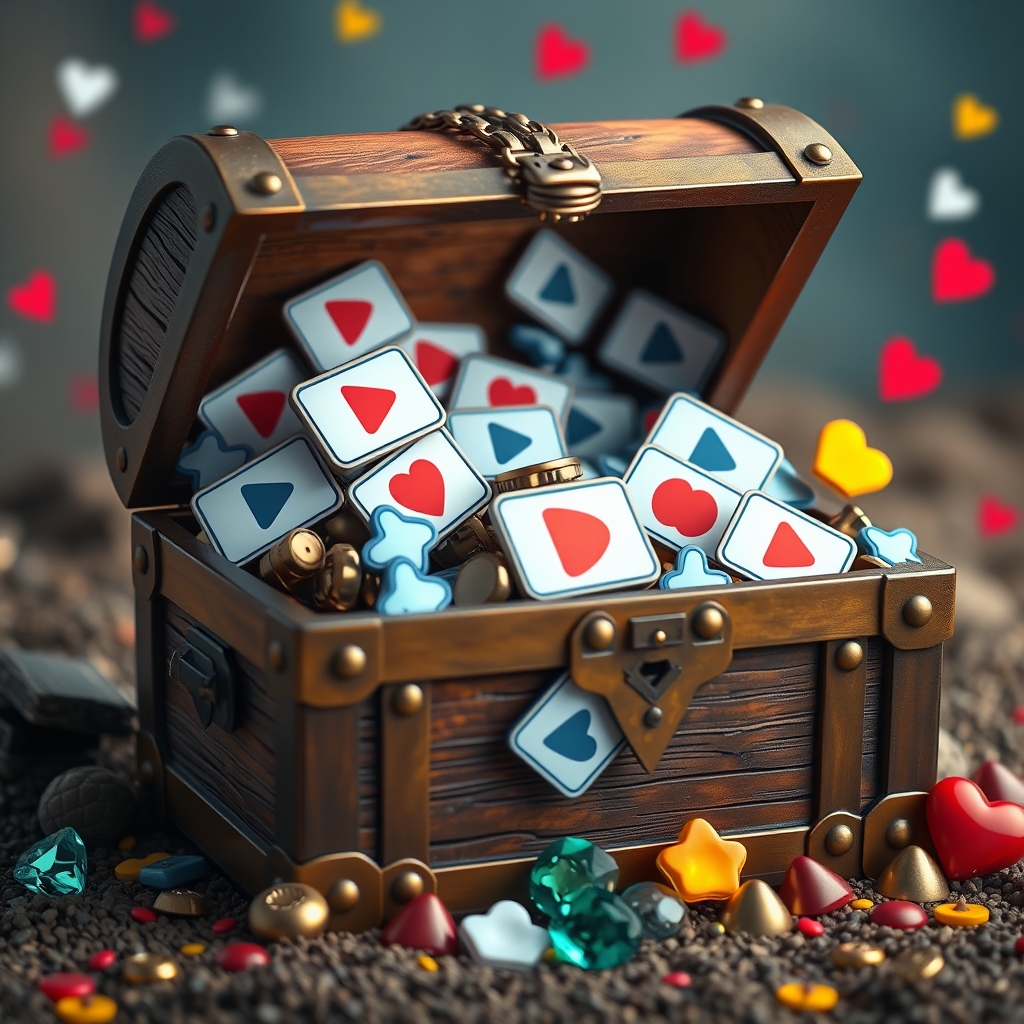 A visual metaphor of a treasure chest overflowing with video play icons, gems, and like/heart symbols, representing the accumulated value of honest reviews.